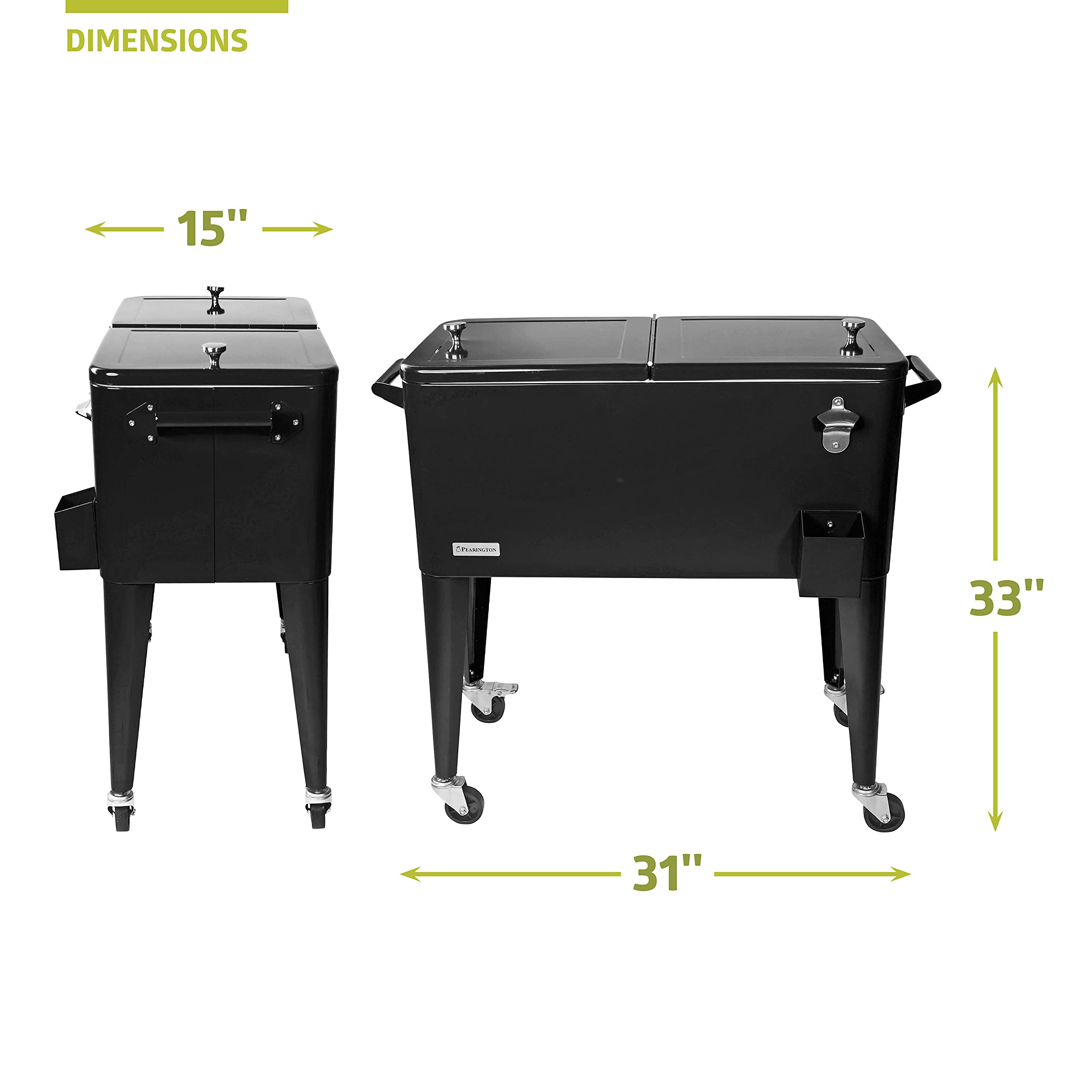Pearington 80 Quart Rolling Ice Chest Cooler - Portable Outdoor Party Drink Cooler Cart with Shelf & Built-in Bottle Opener - Perfect for Backyard BBQs, Beach Trips, Tailgating, and Camping - Black