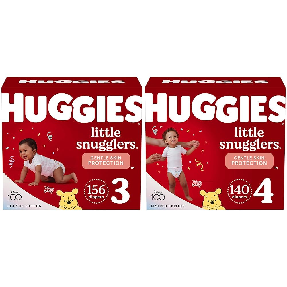 Huggies Little Snugglers Disposable Baby Diapers - Size 3 (156 Count) & Size 4 (140 Count) - Ultra Soft, Leak Protection - 1 Month Supply - Perfect for Daycare, Overnight Use & Travel