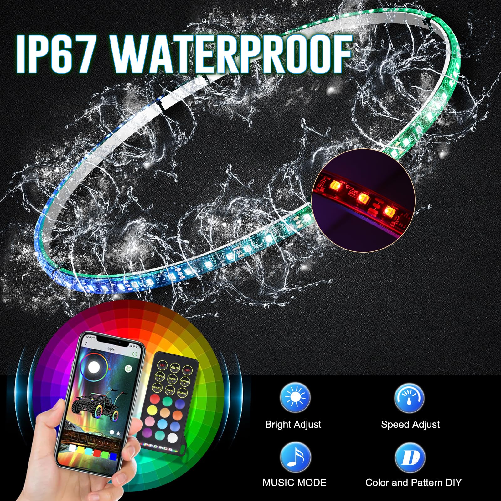 4PCS 17 Inch RGB & White LED Wheel Ring Lights with Turn Signal & Brake Function - Remote & APP Control - Single Row Rim Lights for Trucks, Cars & Offroad Vehicles - Perfect for Night Driving, Car Shows & Offroad Adventures