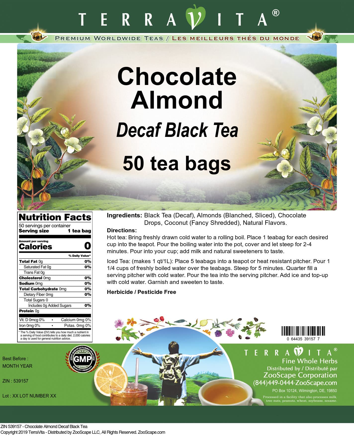 Premium Decaf Chocolate Almond Black Tea - 50 Tea Bags | Caffeine-Free Gourmet Tea Blend | Perfect for Relaxation & Evening Enjoyment
