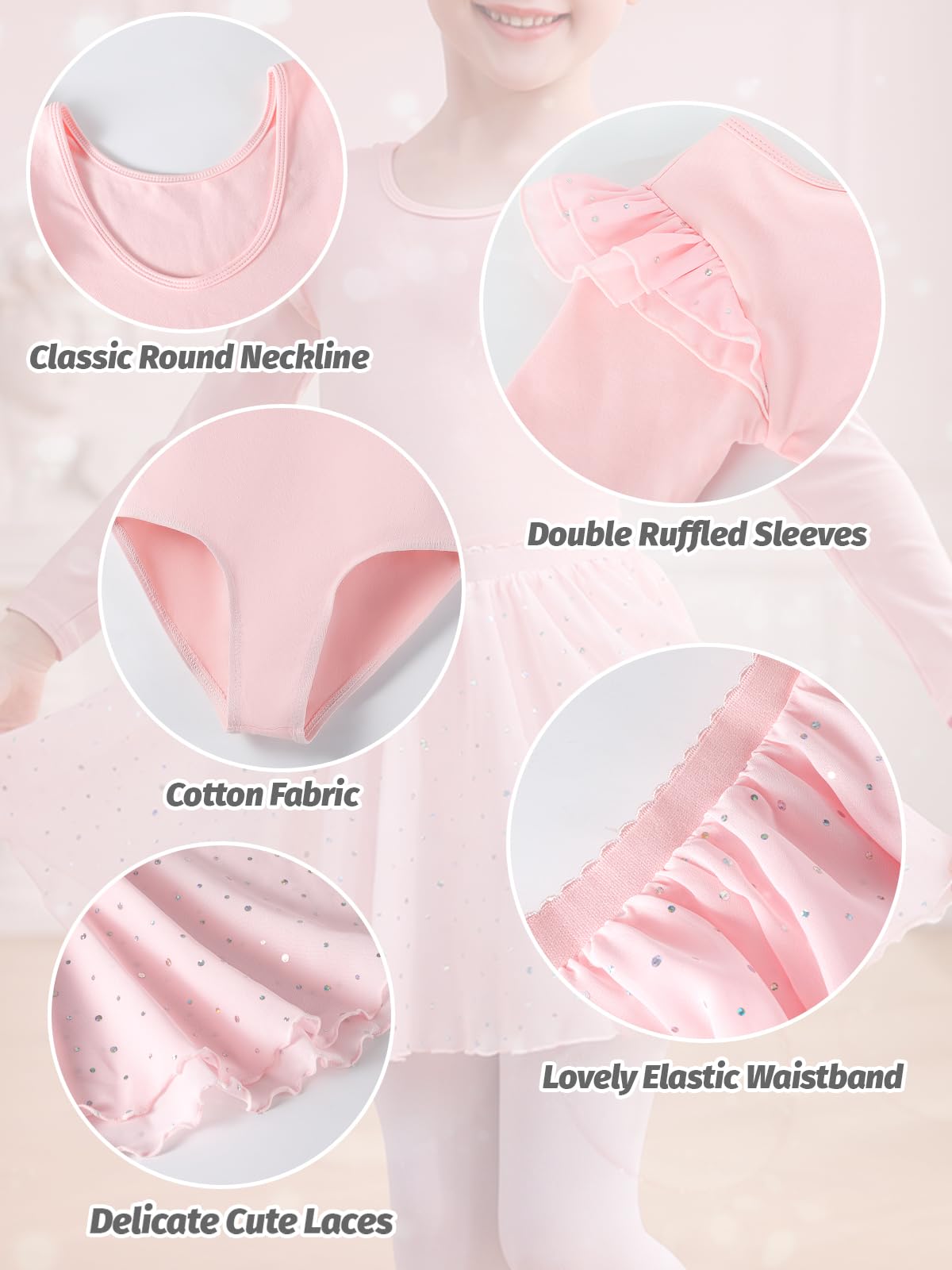 Comfyouth Girls Ballet Dance Leotard with Detachable Skirt - Toddler Long Sleeve Shiny Ballet Outfit for Dance Class, Recital & Performance