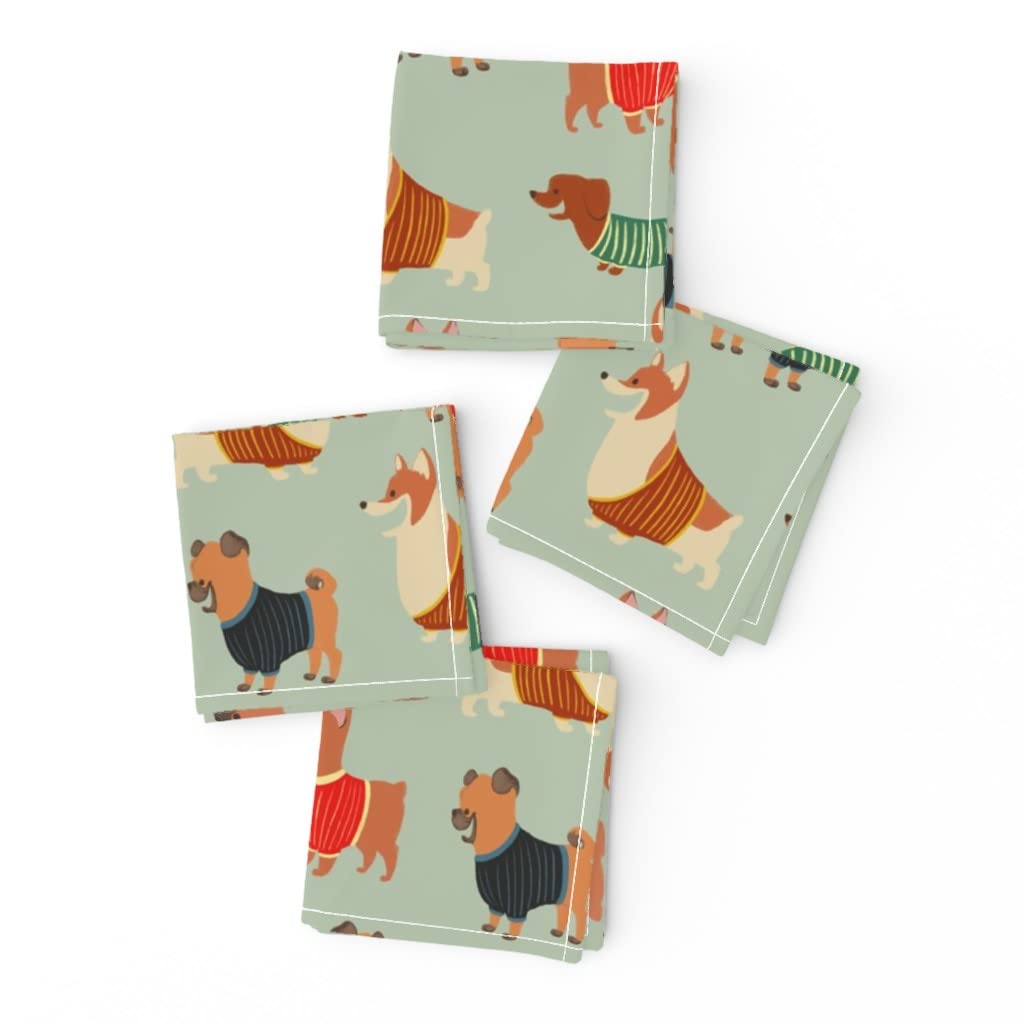 Set of 4 Dog-Themed Cocktail Napkins - Retro Mod Pug, Dachshund, Corgi & Bulldog Printed Linen Cotton Canvas Drink Napkins for Parties, Bars & Home Decor