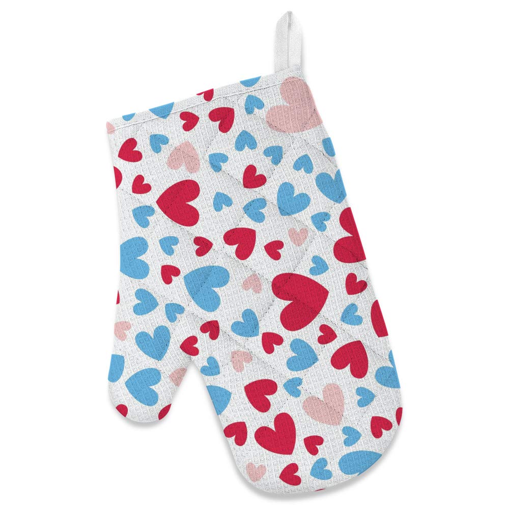 Heat-Resistant Cooking Apron with Microwave Oven Mitts & Pot Holder Set - Red Pink Blue Hearts Design for Grilling, Baking & Kitchen Decor (3-Piece Kitchen Accessories) - Perfect for BBQ, Baking & Home Cooking Protection