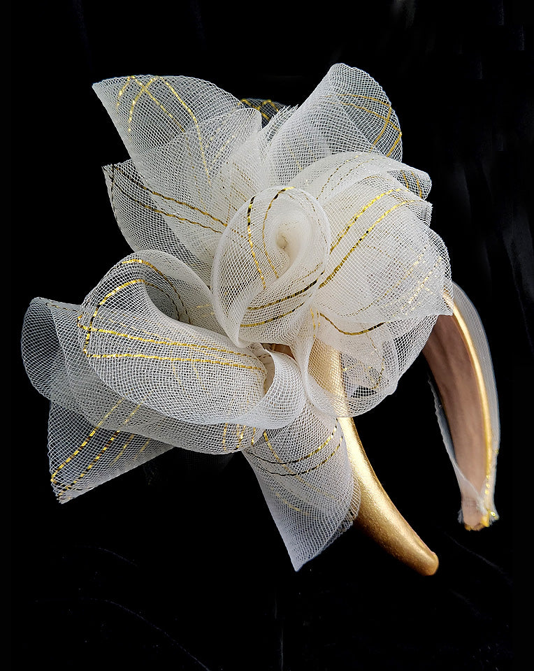 Elegant Metallic Gold Race Day Crown & Fascinators with Crinoline Twist Headband - Perfect for Kentucky Derby, Weddings & Special Events