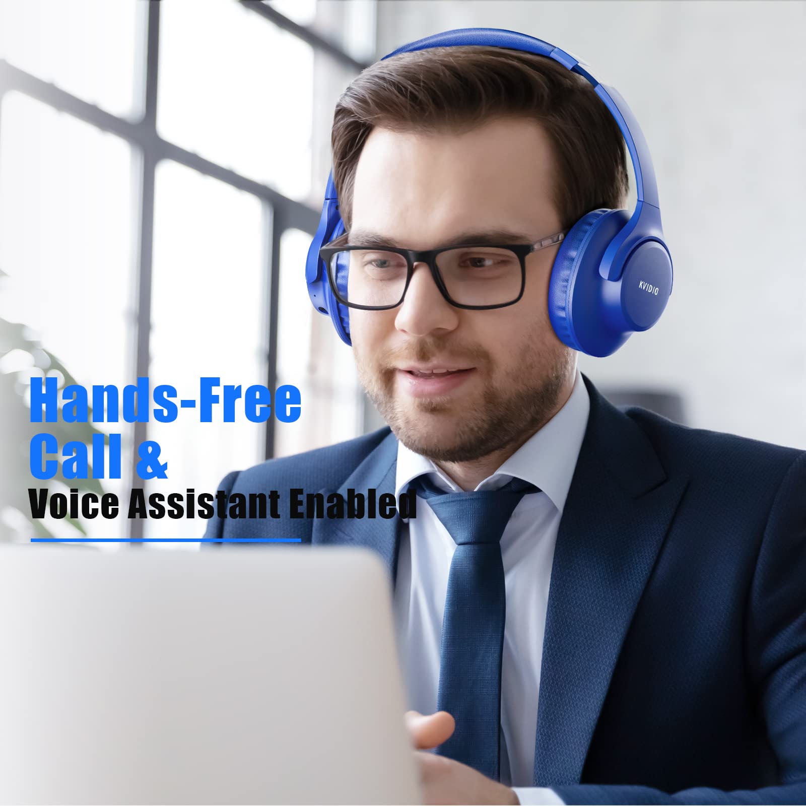 KVIDIO Bluetooth Over-Ear Headphones - 65H Playtime, Built-in Mic, Foldable & Lightweight with Deep Bass & HiFi Stereo Sound for Travel, Work, Gaming, PC & Smartphones (Blue) | Perfect for Commuting, Office Use & Entertainment