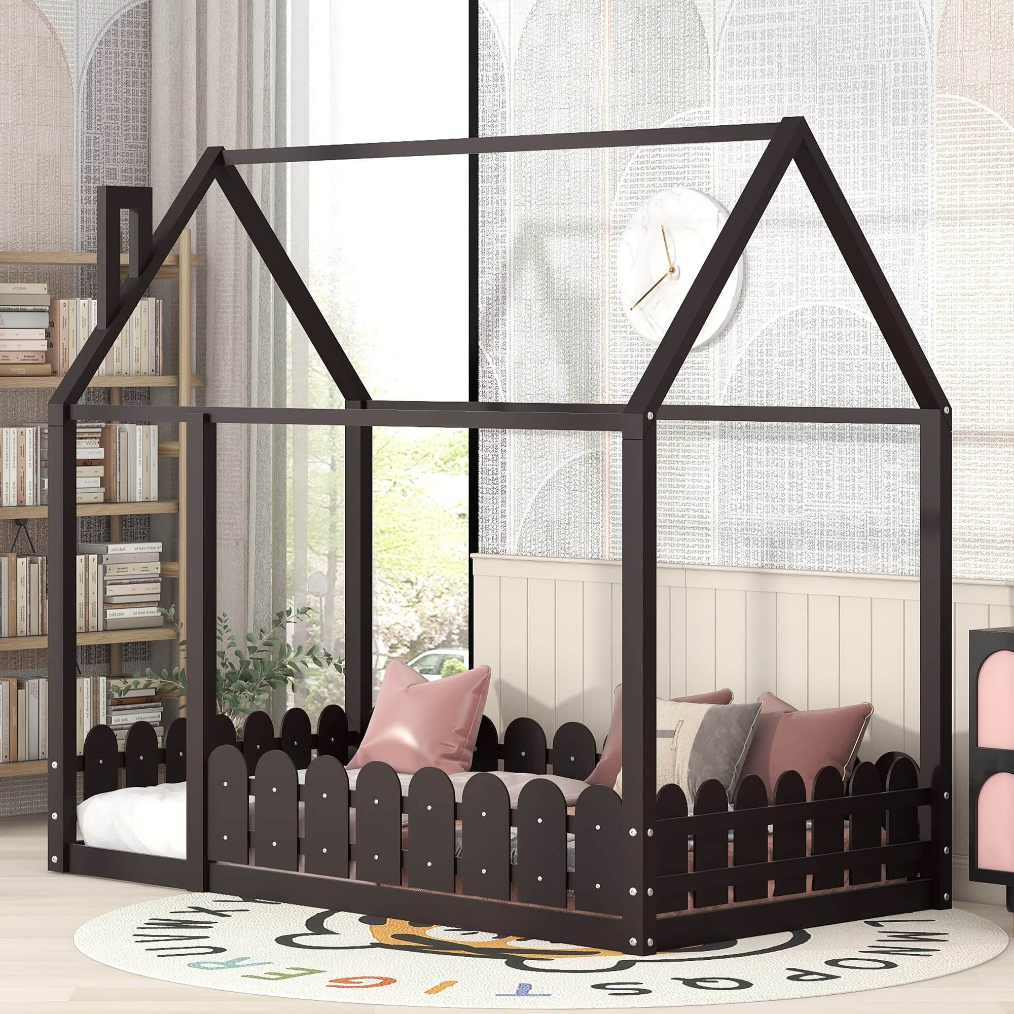 **Harper & Bright Designs Twin House Bed Frame with Roof & Fence - Espresso Wood Floor Bed for Toddlers, Kids & Teens - No Box Spring Needed - Perfect for Bedrooms, Playrooms & Montessori Spaces**