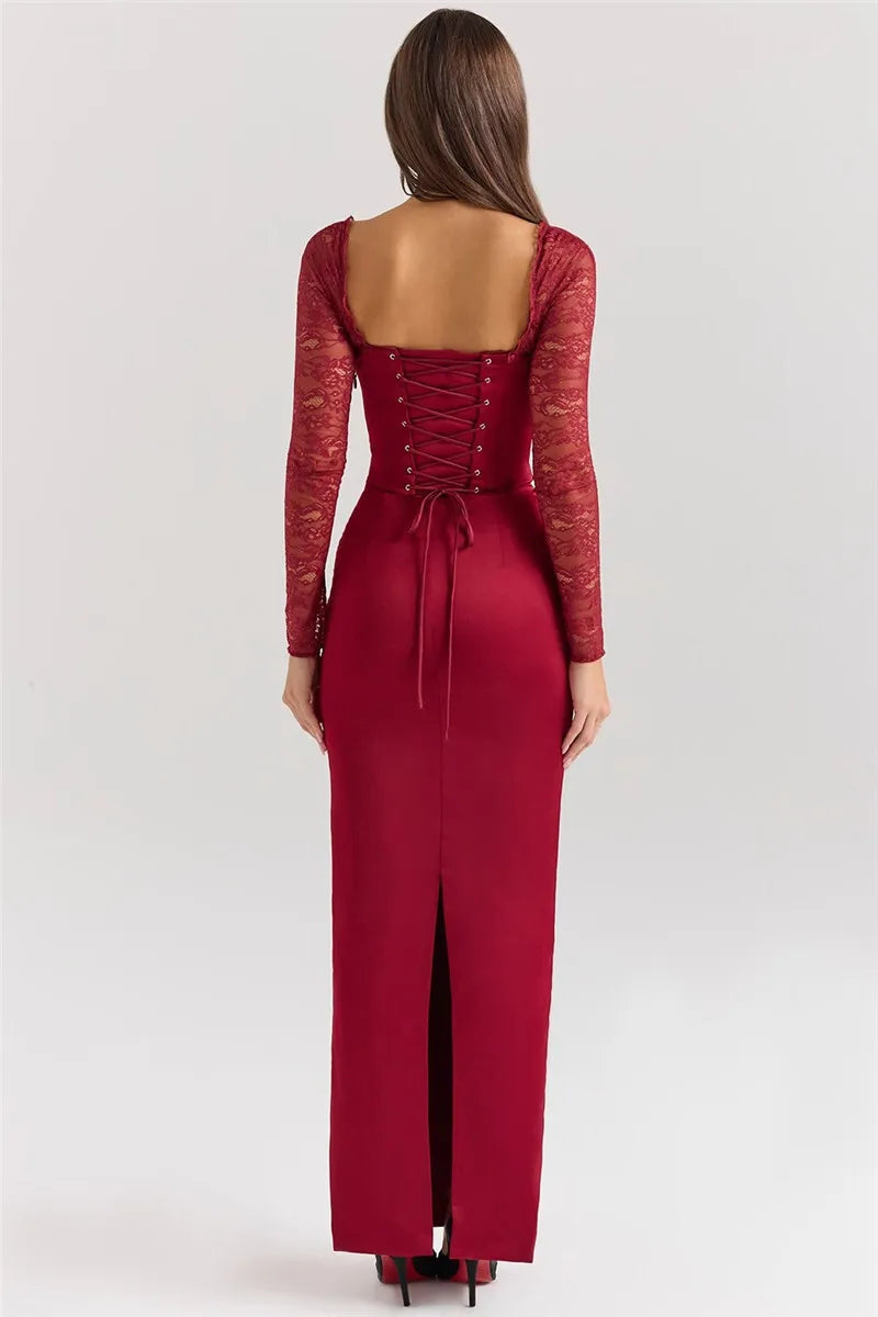 Sexy Backless Long Sleeve Maxi Dress for Women - Solid Square Neck Lace-Up Back Bodycon Club Dress with High Slit | Elegant Evening Wear for Parties, Date Nights & Special Occasions