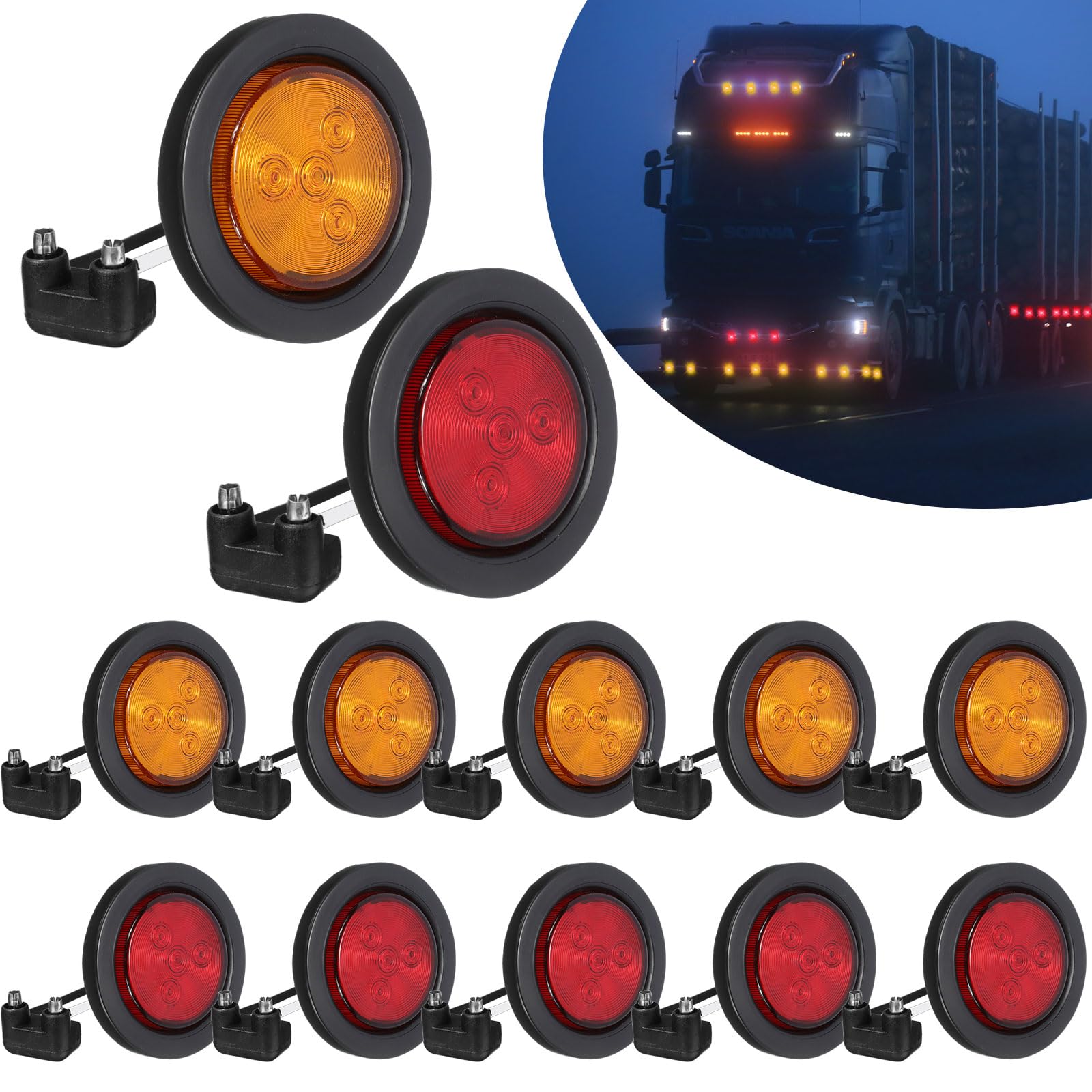 VIHOSE 12 Pcs 2.5 Inch LED Trailer Marker Lights - 4 Diodes, 12V Round Amber & Red Lights with Rubber Grommets for Trucks, Vans, Buses, Boats, RVs, and Trailers - Durable & Waterproof