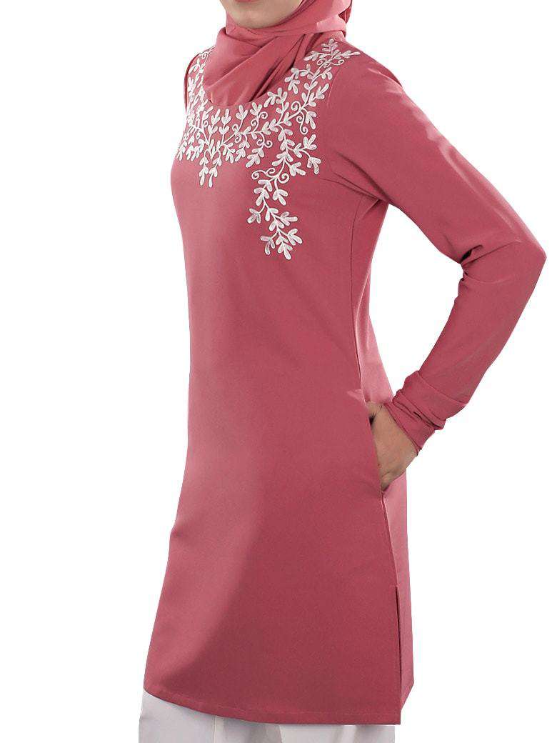 Lubna Rose Pink Tunic for Women - Flowy Boho Blouse with V-Neck & Long Sleeves - Perfect for Casual Wear, Office Outfits & Special Occasions