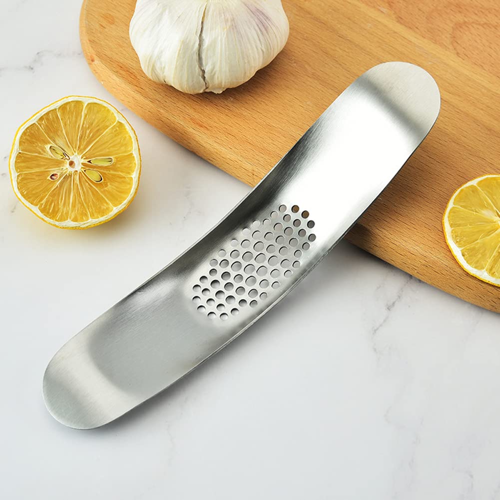 Premium Stainless Steel Garlic Press Rocker Set - Heavy Duty Handheld Garlic Mincer with Silicone Peeler & Cleaning Brush - Multi-Functional Kitchen Tool for Cooking, Baking & Meal Prep