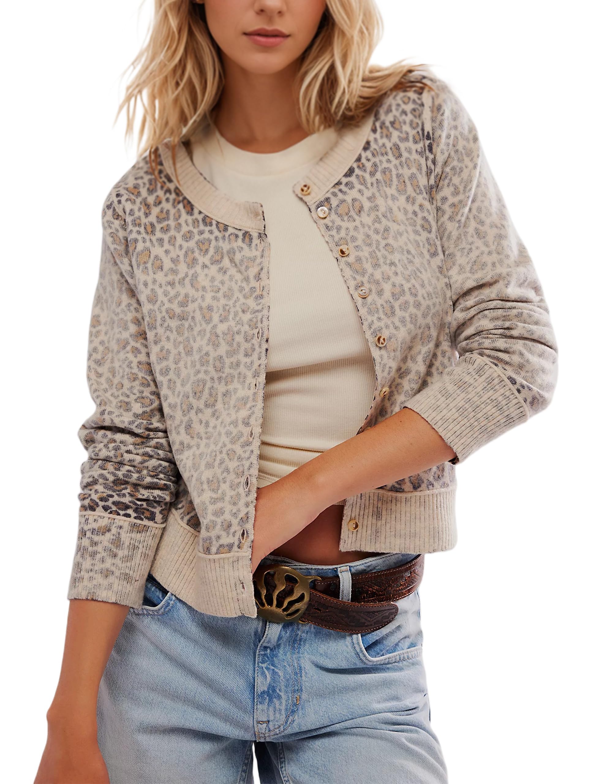 Women's Leopard Print Cropped Cardigan - Long Sleeve Open Front Button Down Knit Sweater | Casual Outfits, Office Wear & Fall Layering Essential
