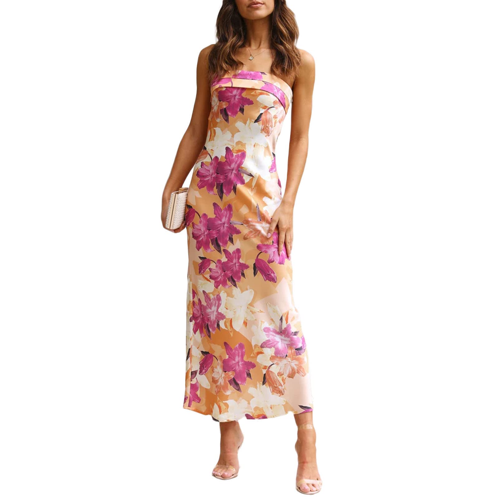 Elegant Floral Print Women's Evening Dress - Sleeveless Strapless Tube Long Party Gown with Cutout Backless Design for Night Out, Prom, Wedding, and Special Occasions