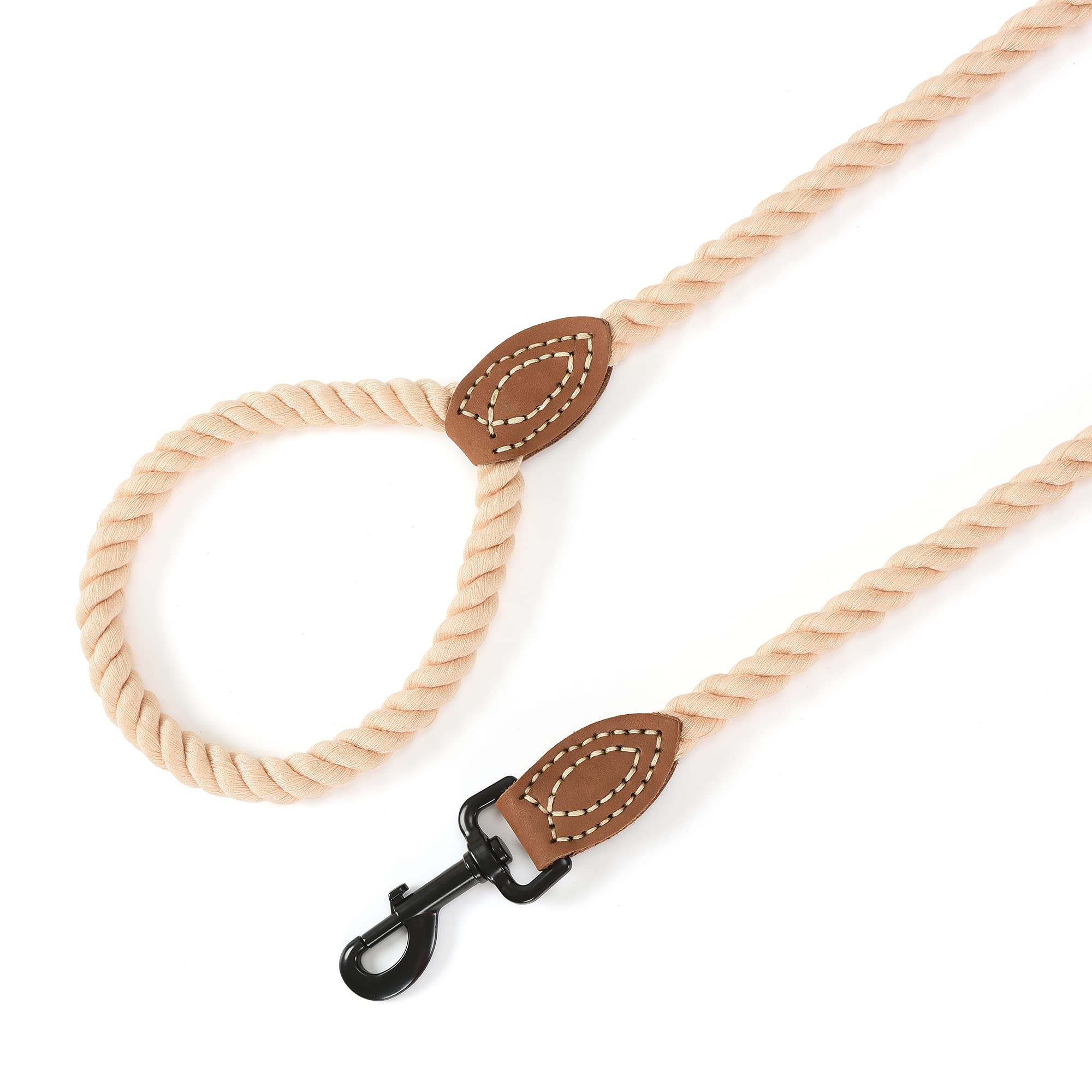 Premium Braided Cotton Dog Leash with Leather Tip - 6ft Heavy Duty Rope Leash with Metal Clasp for Medium & Large Dogs - Perfect for Weddings, Hiking & Daily Walks (Light Brown, 72 Inches)
