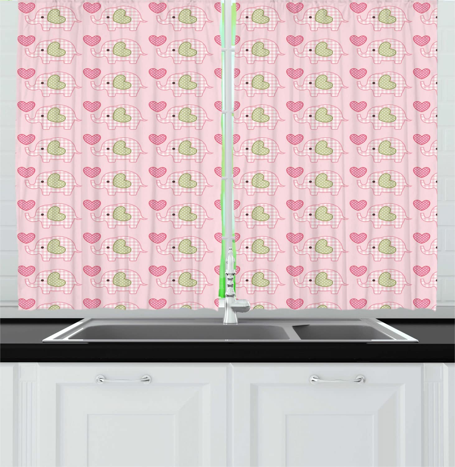 Ambesonne Valentine's Elephant Checkered Kitchen Curtains - 2 Panels, 55