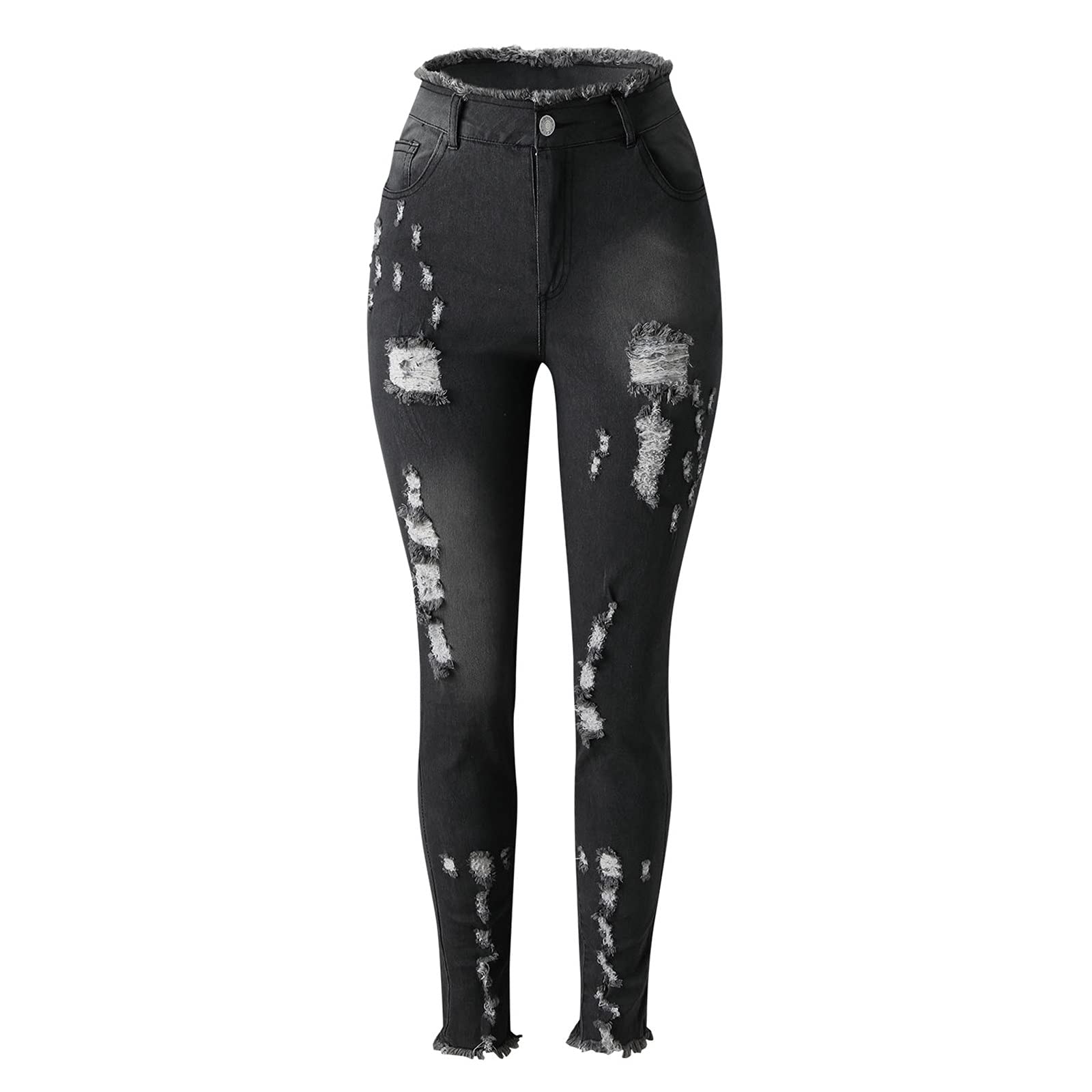 Petite Curvy Skinny Jeans for Women - High Rise Stretch Denim with Frayed Hem & Destroyed Details - Butt Lifting Pants for Casual Wear & Night Out
