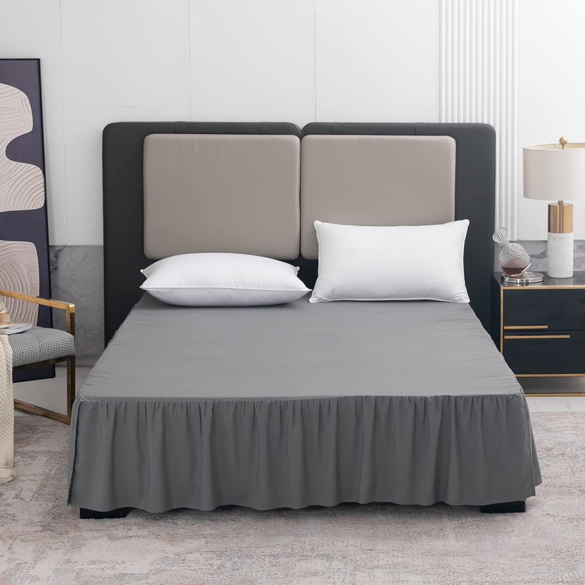 King Size Grey Ruffled Bed Skirt with Split Corners - 14 Inch Drop Luxury Bedding for King Beds | Perfect for Master Bedrooms & Guest Room Decor