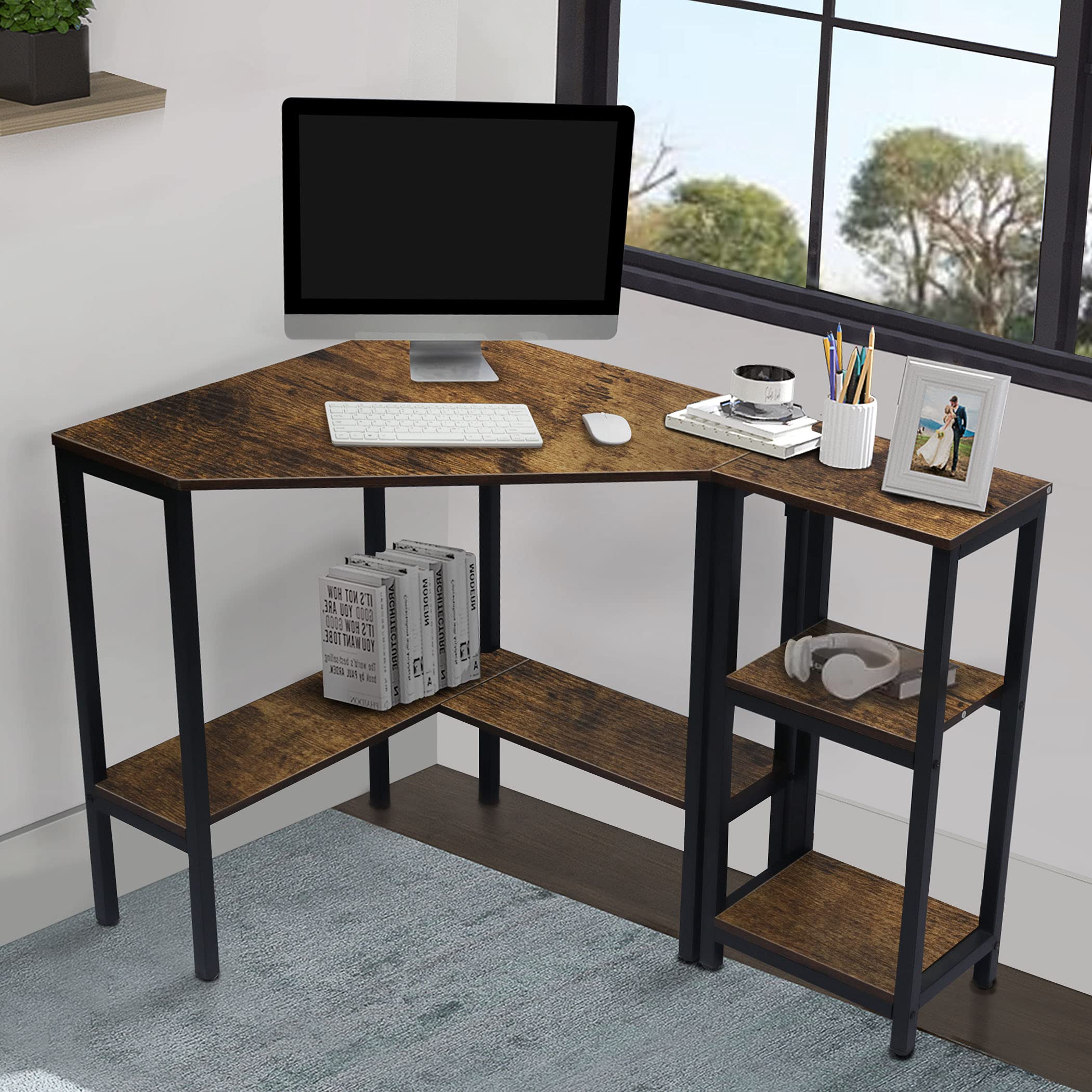 LAVIEVERT Rustic Brown Triangle Corner Desk with Storage Shelves - Compact Computer Desk for Laptop, Writing & Study - Perfect for Small Spaces, Home Office & Dorm Rooms