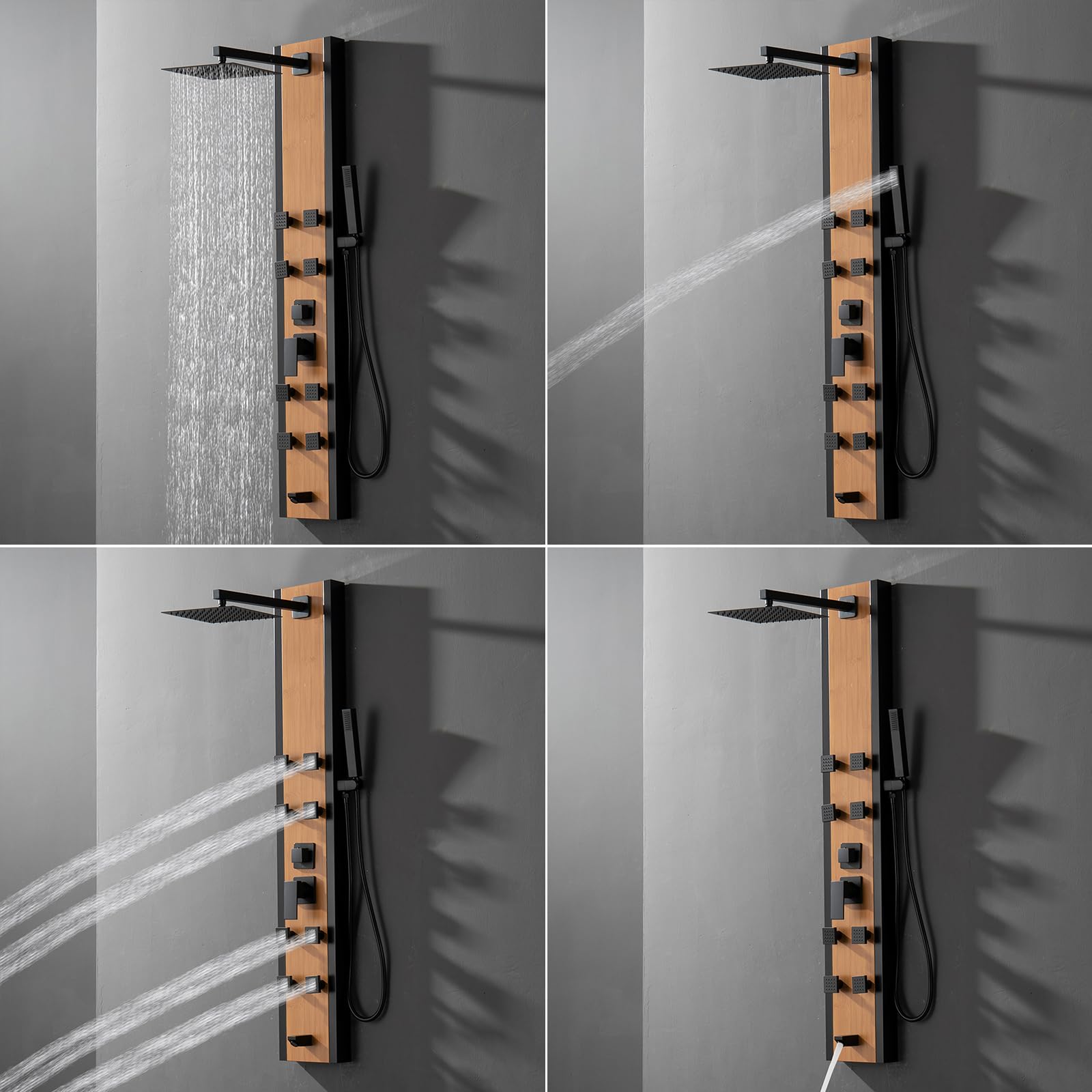 Premium BWE Stainless Steel 8-Jet Shower Panel System - Multi-Function Wall Mount Shower Column with Handheld Wand, Black & Bamboo Design for Luxurious Spa-Like Bathroom Experience