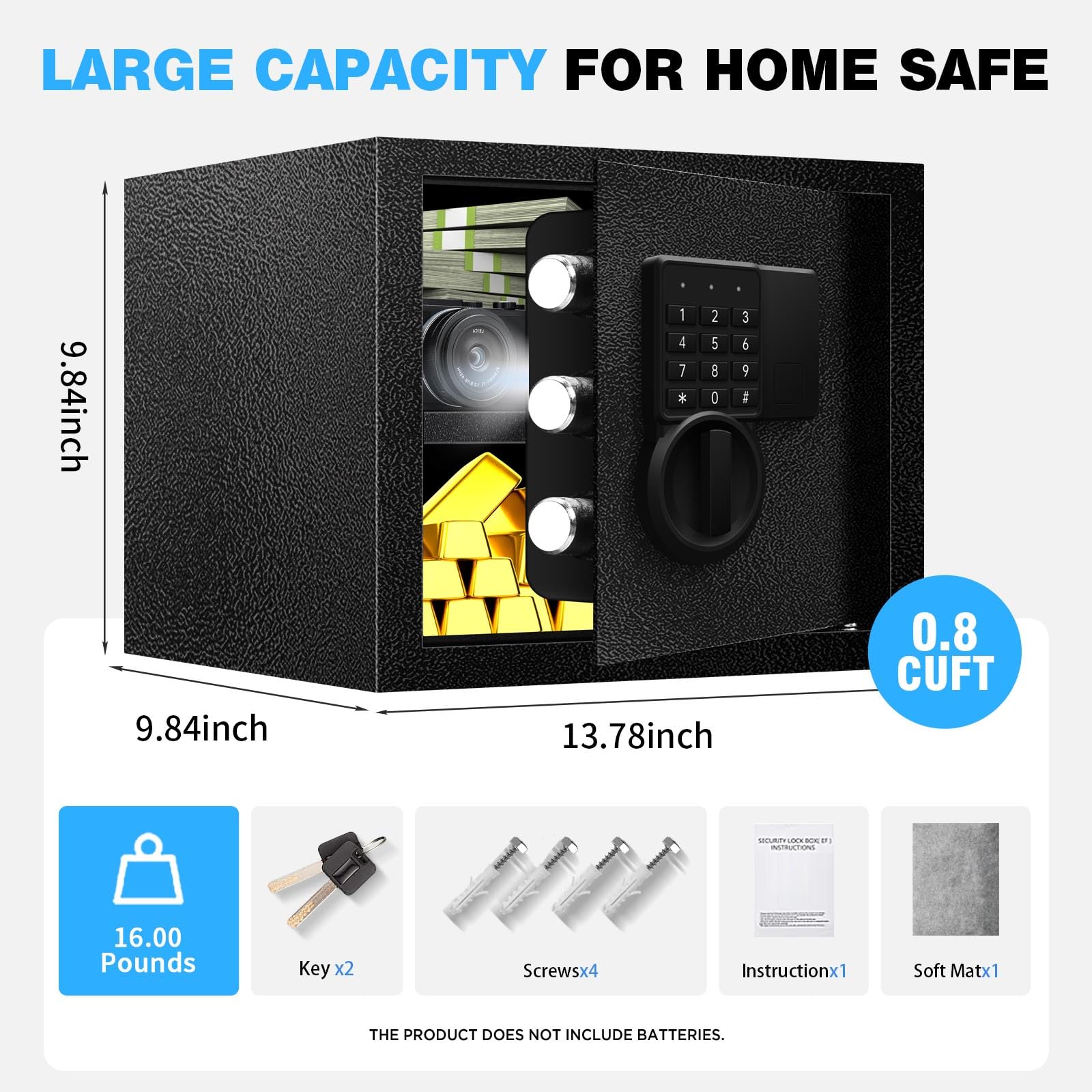 1.3 Cubic Feet Small Home Safe Box for Money, Jewelry & Documents - LED Sensor Light, Removable Shelf & Silent Lock - Secure Storage for Valuables, Cash & Important Papers (Ideal for Bedroom, Office & Travel)