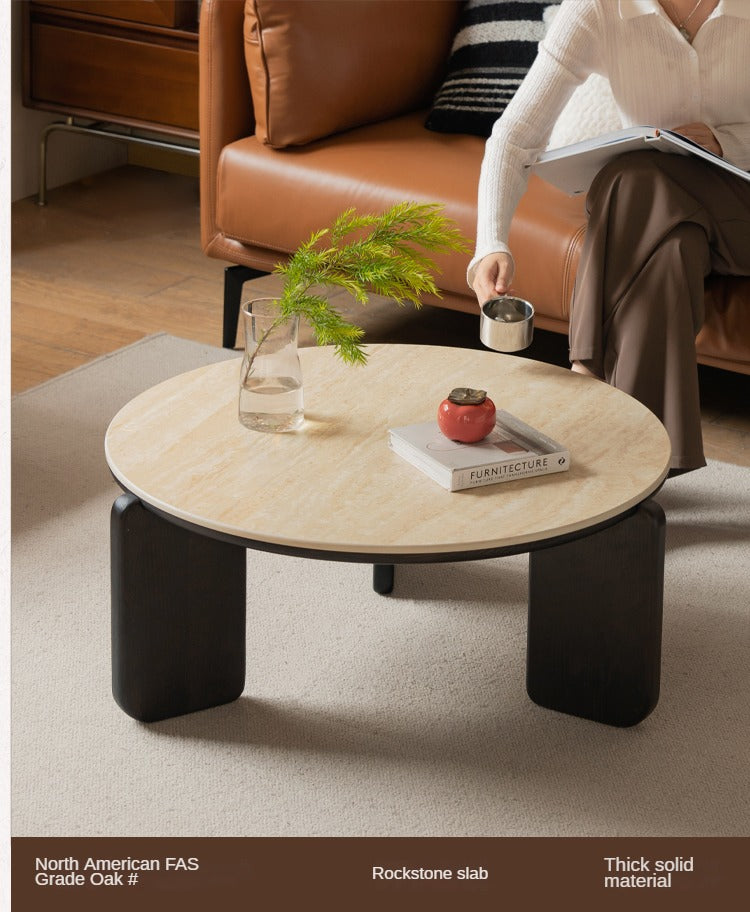 Solid Oak Wood Modern Round Coffee Table - Rustic Farmhouse Living Room Centerpiece for Home Decor