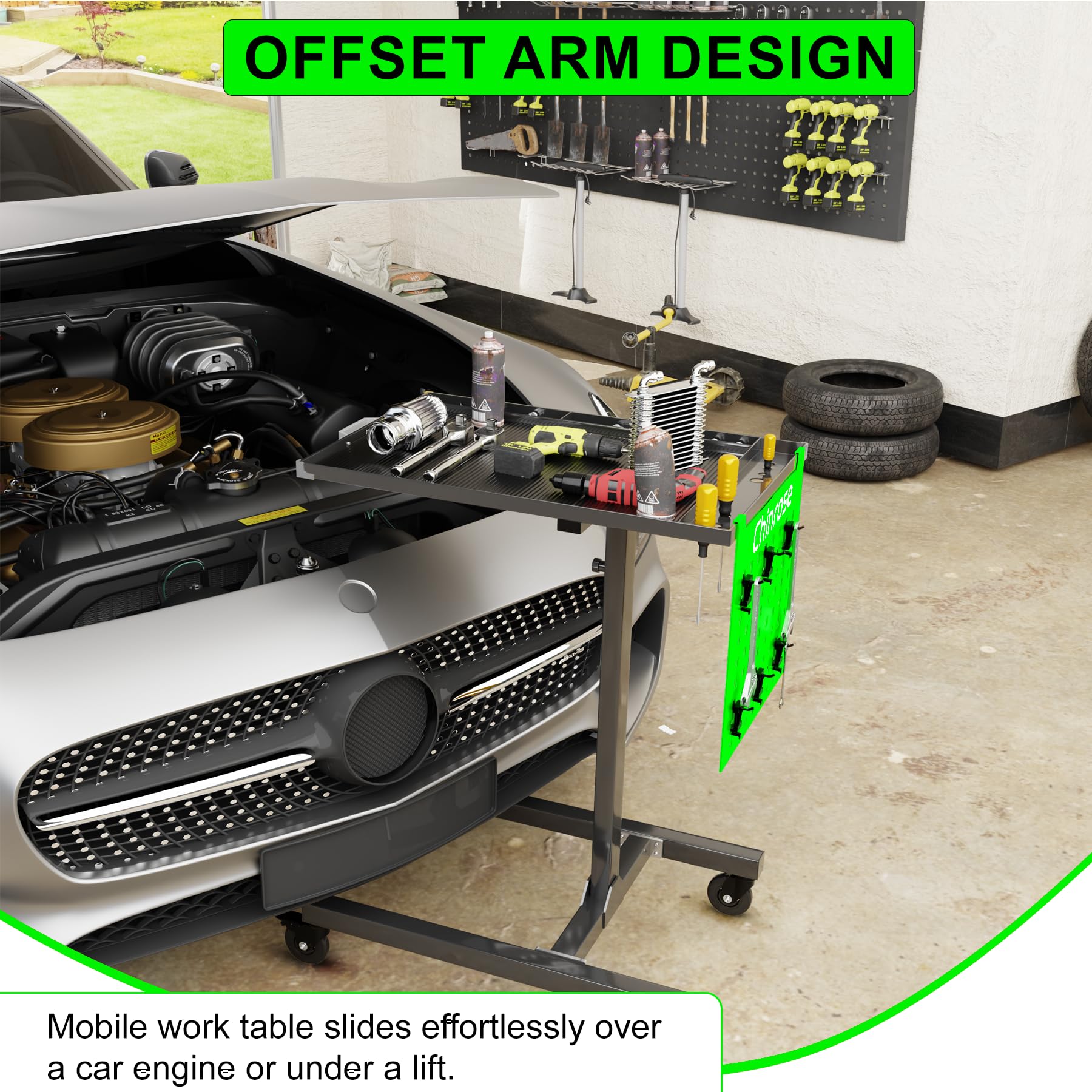 Adjustable Rolling Work Table with Wheels - Mobile Tray Table for Mechanics, Garage, Workshop & DIY Projects | Heavy-Duty Utility Cart for Automotive Repair, Warehouse Organization & Home Improvement