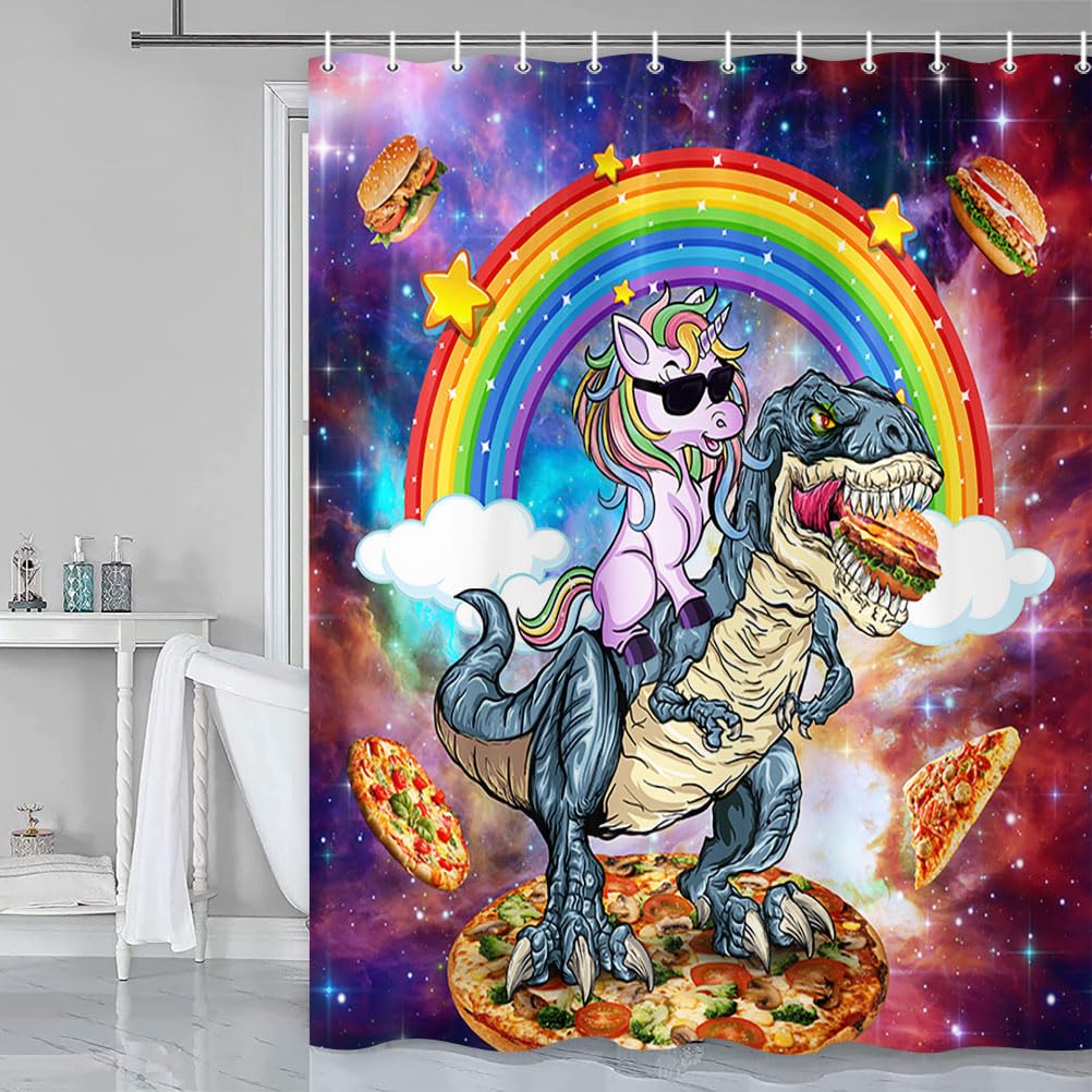 Fun Unicorn Riding Dinosaur Shower Curtain Set - Colorful Rainbow Galaxy Bathroom Decor for Kids | Waterproof & Durable with Hooks | Perfect for Children's Bathroom, Nursery, or Playroom Decor