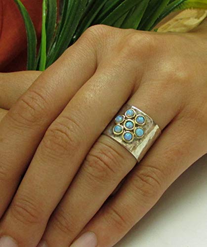 Blue Opal Flower Ring – 9K Gold & Silver Gemstone Wedding Band – Unique Chunky Women's Jewelry for Engagement, Anniversary & Special Occasions