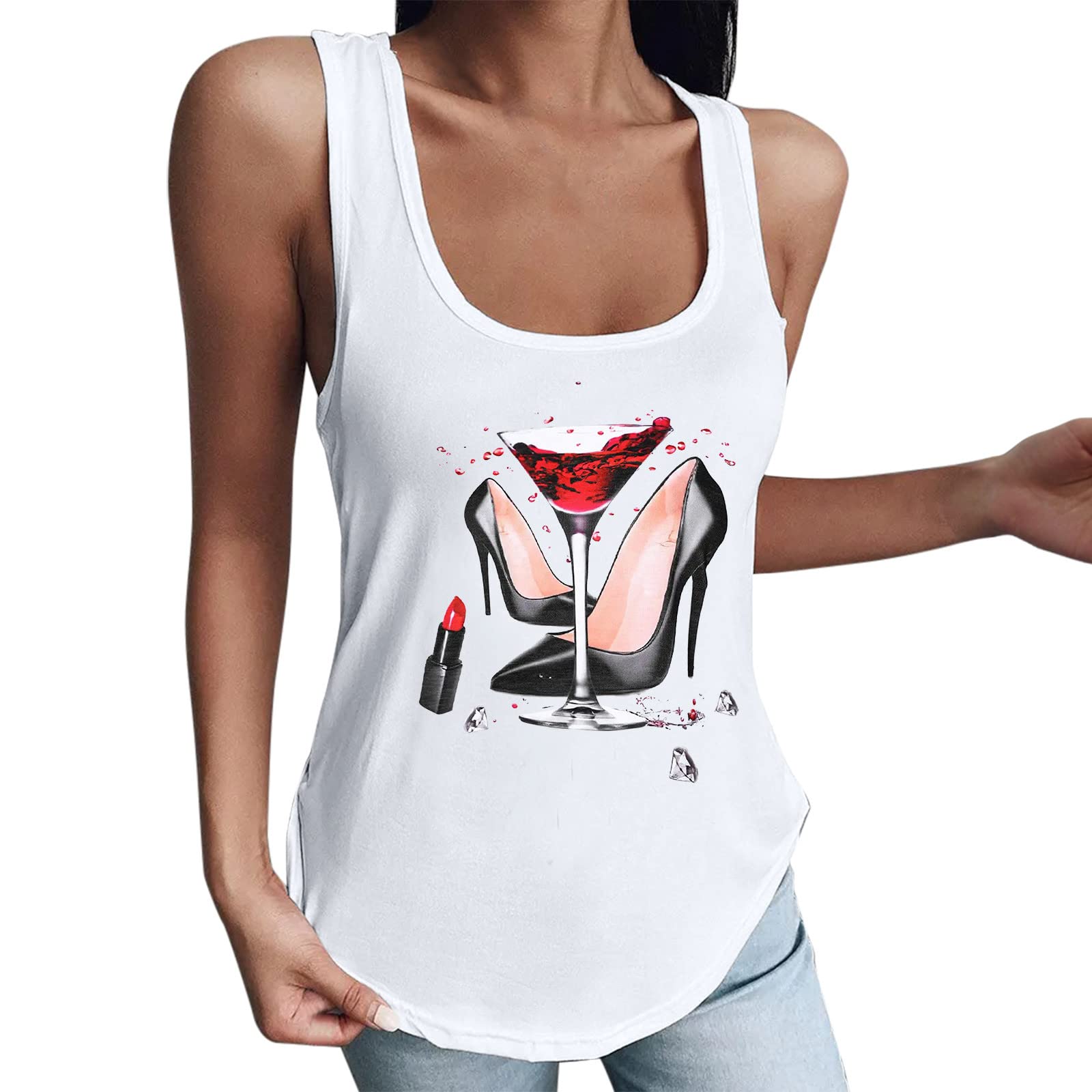 Women's Summer Casual Sleeveless Tunic Tops - Graphic Print U-Neck Loose Blouse Tank (White, Medium) | Perfect for Beach, Vacation & Everyday Wear