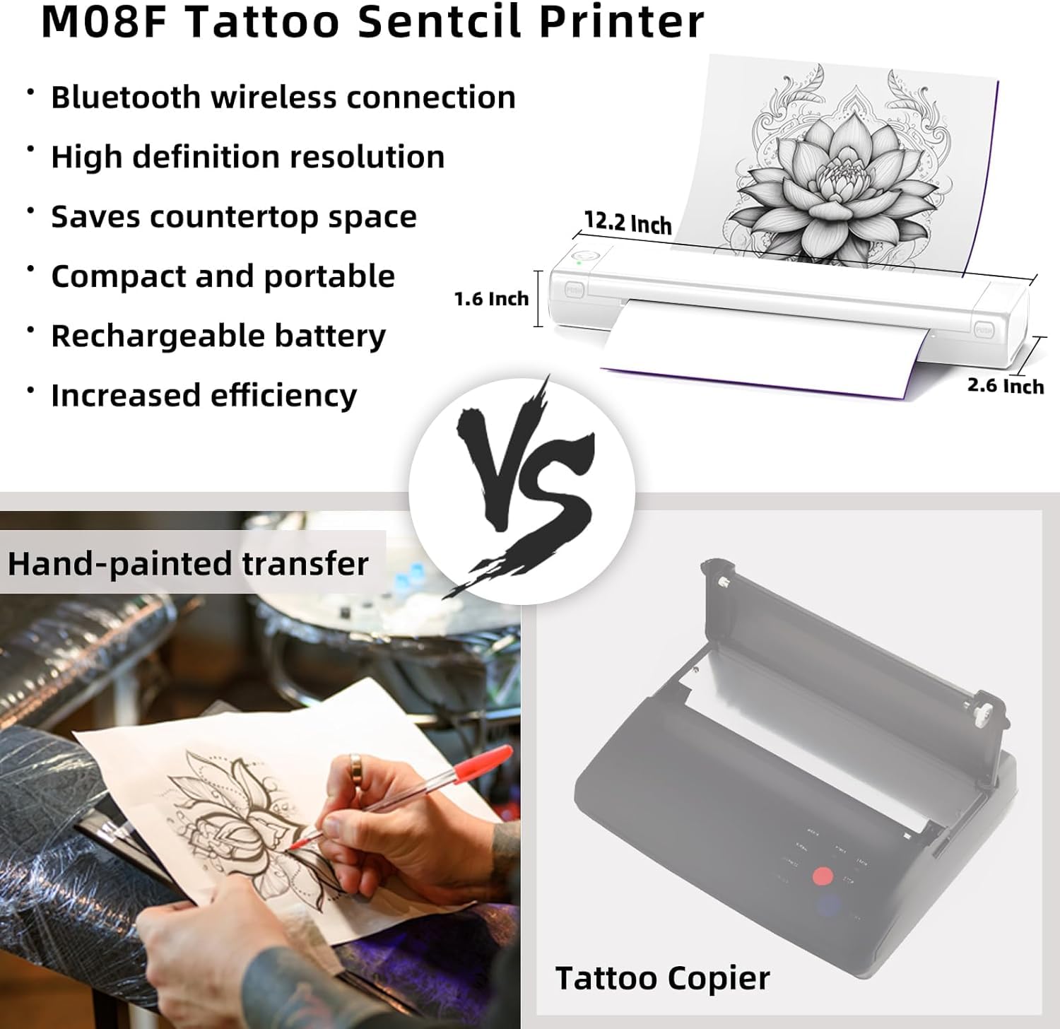 Professional M08F Tattoo Stencil Printer for Artists - Wireless Thermal Transfer Machine Compatible with Phone & PC - Includes 10 Sheets Transfer Paper - Portable Tattoo Design Copier for Studio & Travel Use
