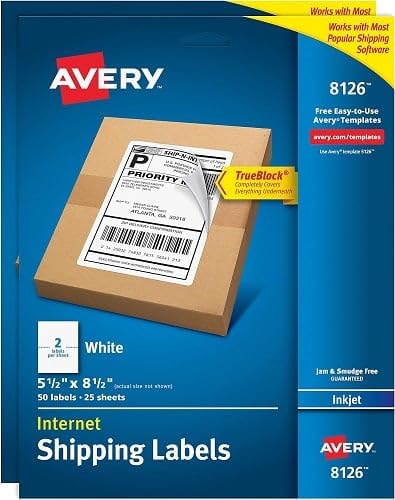 Avery 8126 TrueBlock Shipping Labels for Inkjet Printers - 5.5 x 8.5 Inch, White, 50-Pack - Perfect for Mailing, Packaging & Shipping Needs