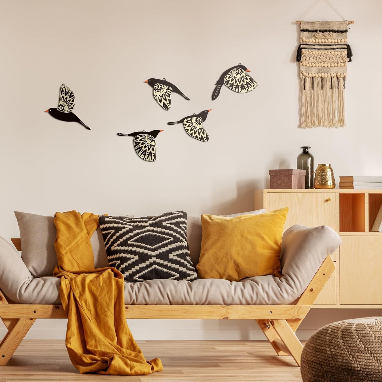 Wooden Hummingbird Wall Art - 5 Pcs Scandinavian Home Decor for Living Room, Bedroom & Office