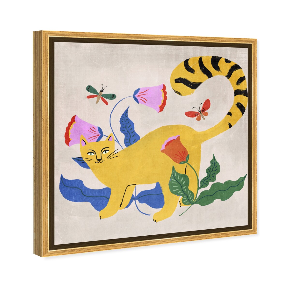 Blonde Tabby Floral Kitten Butterfly Garden Modern Yellow Framed Canvas Wall Art Print - Home Decor for Bedroom, Living Room & Nursery