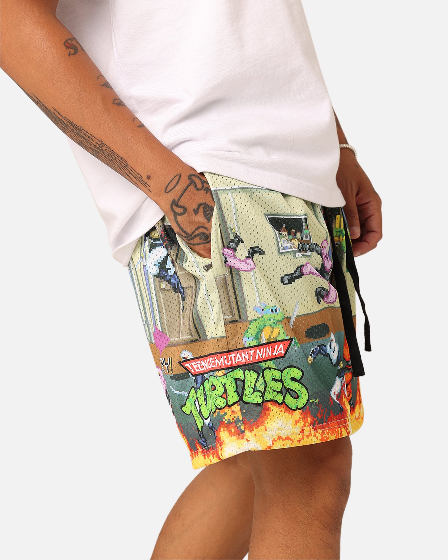 American Thrift X Teenage Mutant Ninja Turtles Arcade Retro Mesh Shorts - Tan/Multi Color - Casual Streetwear & 90s Nostalgia Fashion for Men