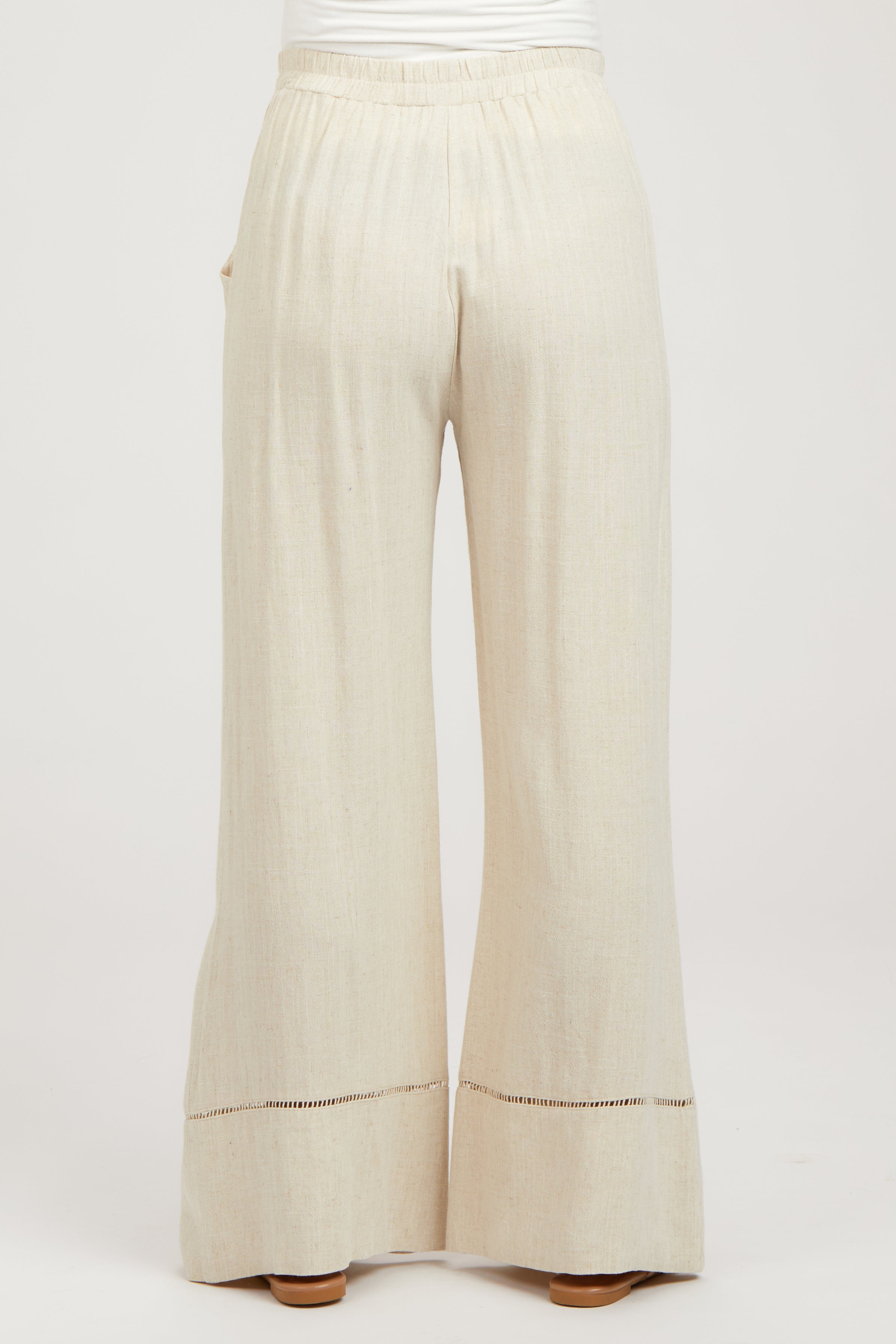 Beige Linen Maternity Pants Wide Leg with Lace Trim - Comfortable Pregnancy Pants for Work, Casual & Nursing Mothers