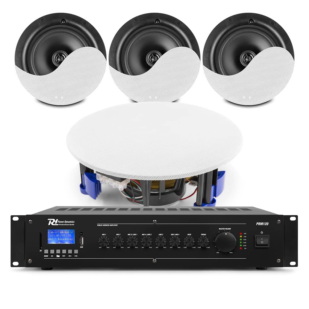 Power Dynamics NCSP6 Commercial Ceiling Speaker System with PRM120 Bluetooth Amplifier - 4x 6.5 Inch In-Ceiling Speakers for Background Music - Perfect Audio Solution for Restaurants, Cafes, Retail Stores & Offices