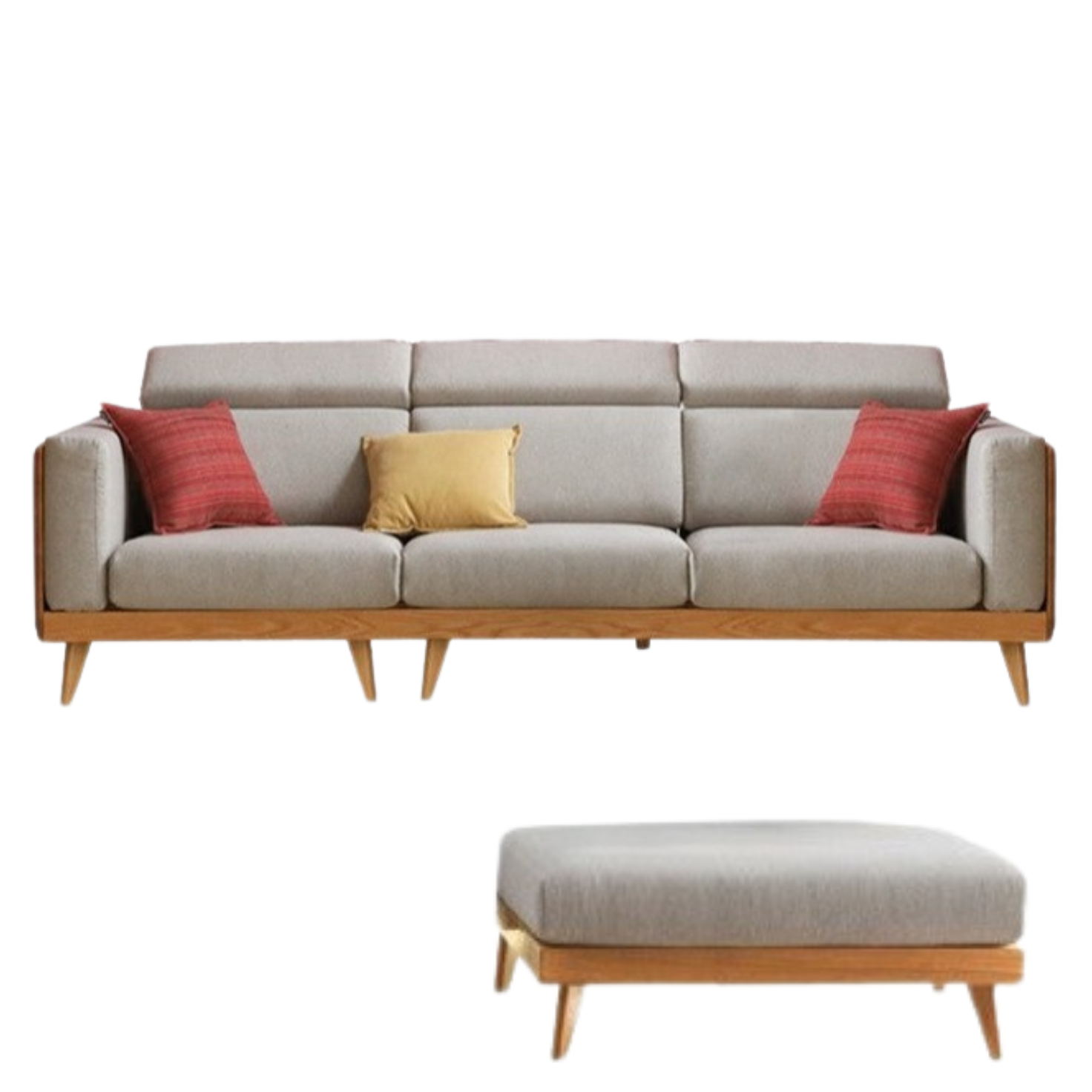 104x36x33 inch / 265.5x92x83cm / Natural Wood Color gray color / Oak three-seater sofa  + footstool fabric