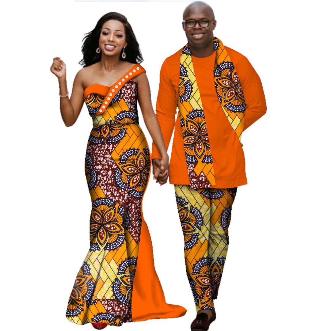 African Print Dresses for Women & Men - Matching Couple Outfits, Long Sleeve Shirt and Pants Sets (XXXL) - Perfect for Weddings, Cultural Events and Date Nights