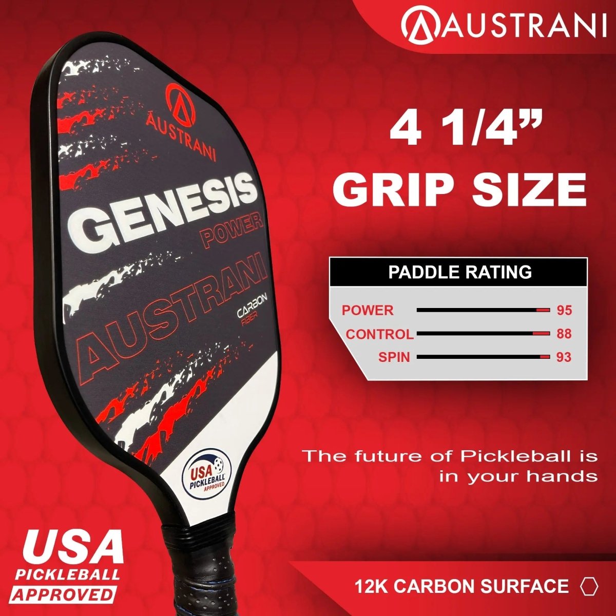 Austrani Genesis Power Pickleball Paddle - Carbon Fiber Face with Cushion Grip - USAPA Approved for Tournament Play - Perfect for Indoor/Outdoor Courts & Competitive Matches