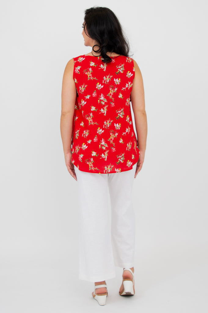 Jimmy Tank Top - Red Ditsy Floral Print Linen Bamboo Blend Women's Casual Shirt for Summer Outfits & Beach Wear
