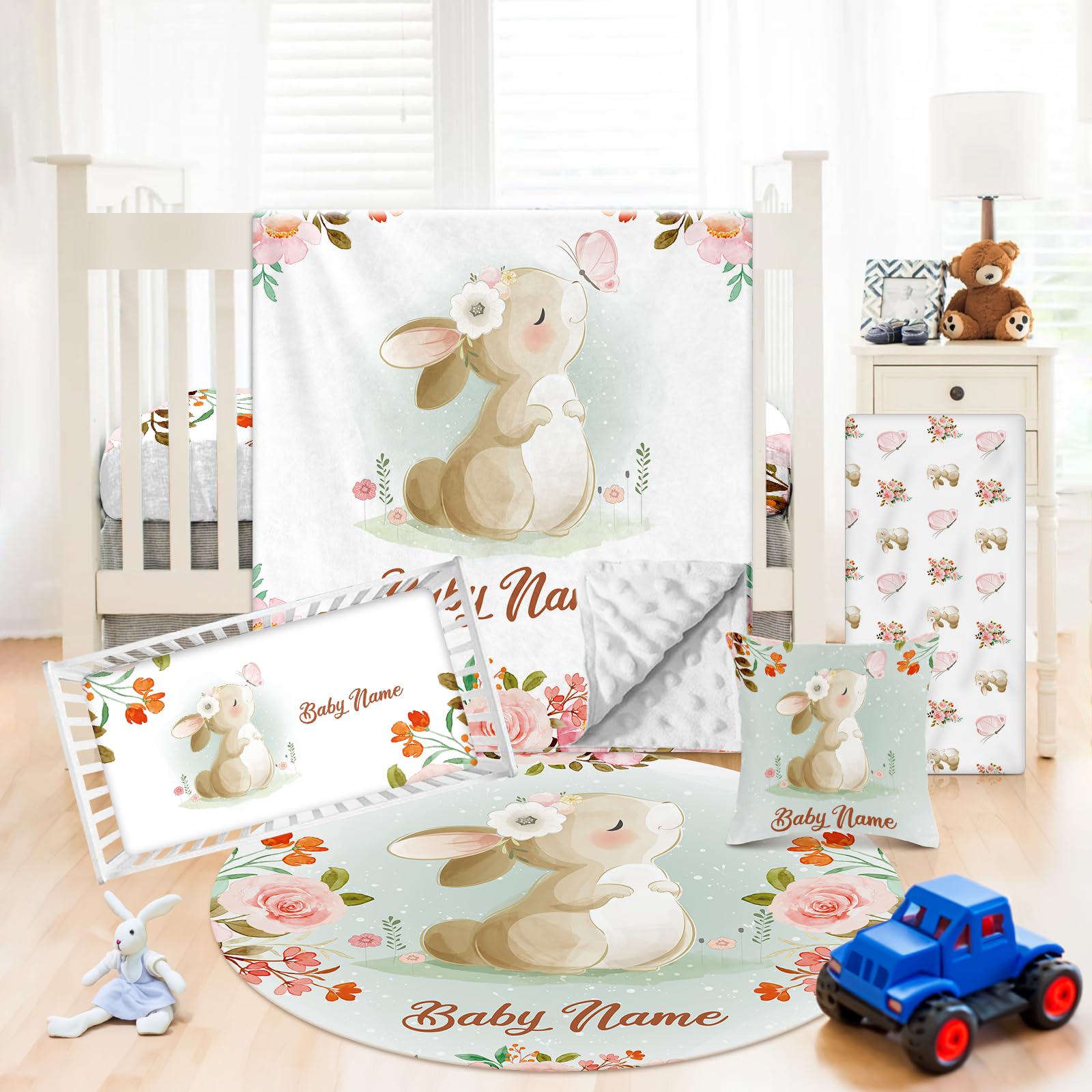 Custom Personalized 5-Piece Rabbit Theme Nursery Crib Bedding Set for Baby Boys & Girls - Soft Double Layer Blanket & Comfortable Crib Sheets | Perfect for Newborn Gifts & Nursery Decor