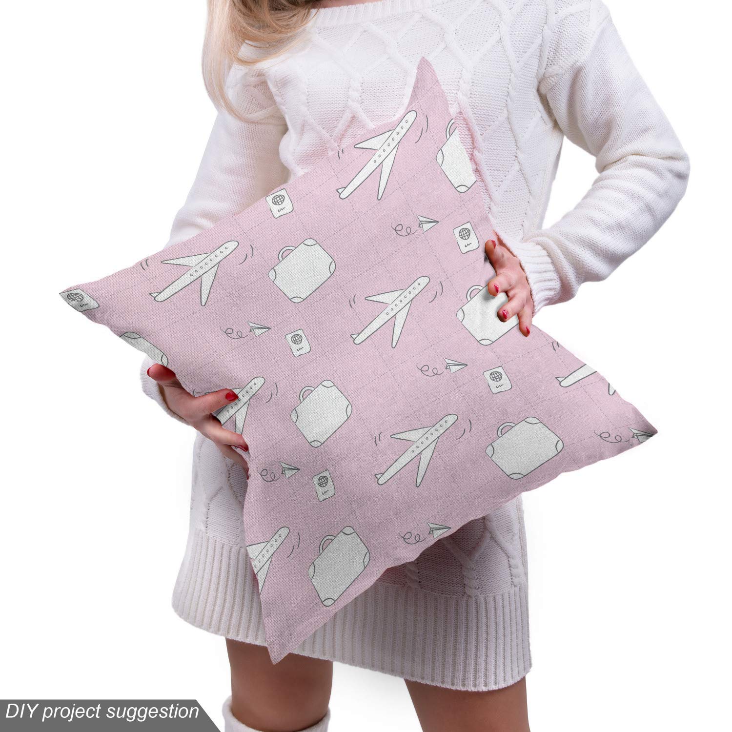 Ambesonne Travel-Themed Fabric by The Yard - Pastel Luggage, Suitcase & Passport Doodle Pattern - Decorative Upholstery Material for DIY Home Decor (5 Yards, Pale Pink/White) | Perfect for Pillow Covers, Curtains & Craft Projects