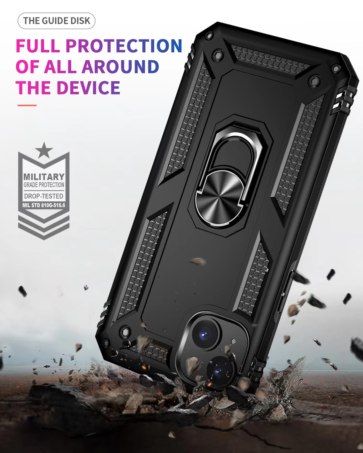 Fonetek Shockproof Protective Case for iPhone 15 with Ring Holder & Stand - Black | Durable Phone Cover for Everyday Use, Work & Travel