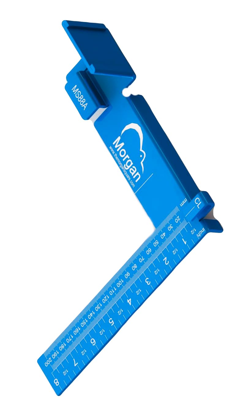 Kiwi Vision Morgan Square Blue 8-inch Measuring & Marking Tool - Centerline Mark, 1 1/2 Tongue, Pencil Holder - Imperial & Metric Scales - Compatible with Standard Tape Measures - Perfect for Woodworking, Carpentry & DIY Projects