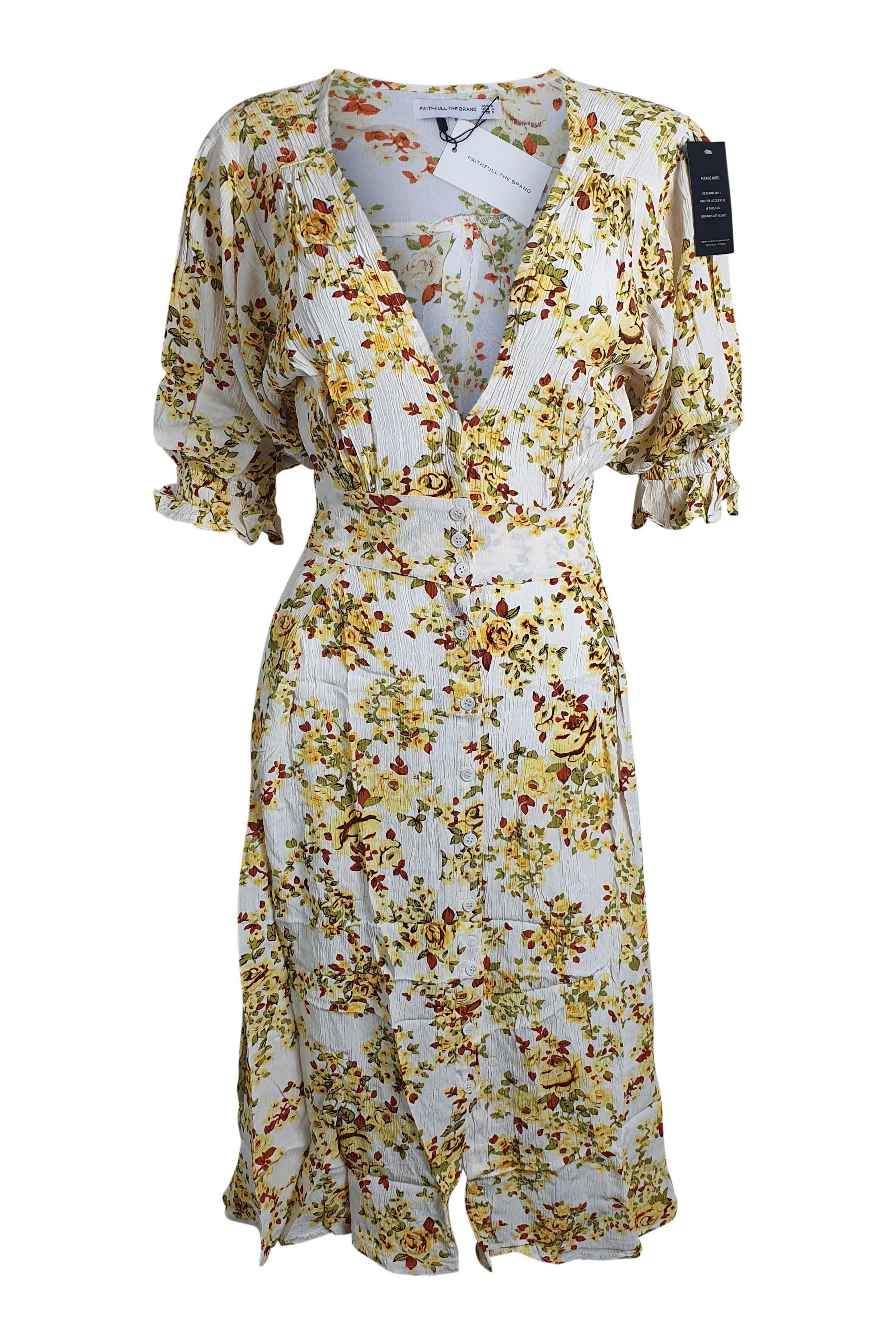 FAITHFULL THE BRAND Off White Goldie Floral Rafa Midi Dress - Women's Summer Floral Print Dress (Size AU 8 | US 4 | UK 8) - Perfect for Beach Vacations, Garden Parties & Date Nights