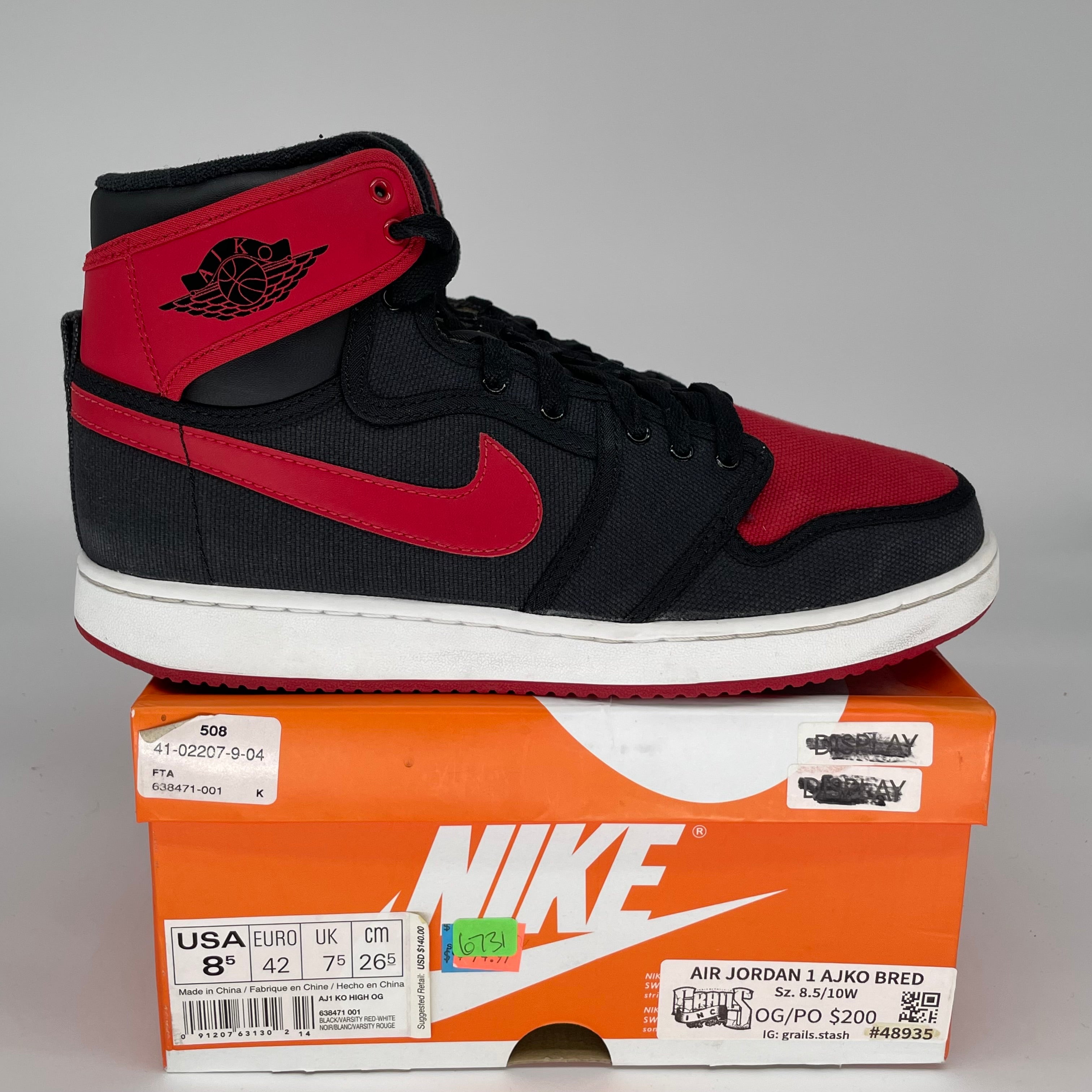 Original Air Jordan 1 AJKO Bred Men's Basketball Shoes Size 8.5 (638471-001) - Retro Style Sneakers for Casual Wear & Street Fashion