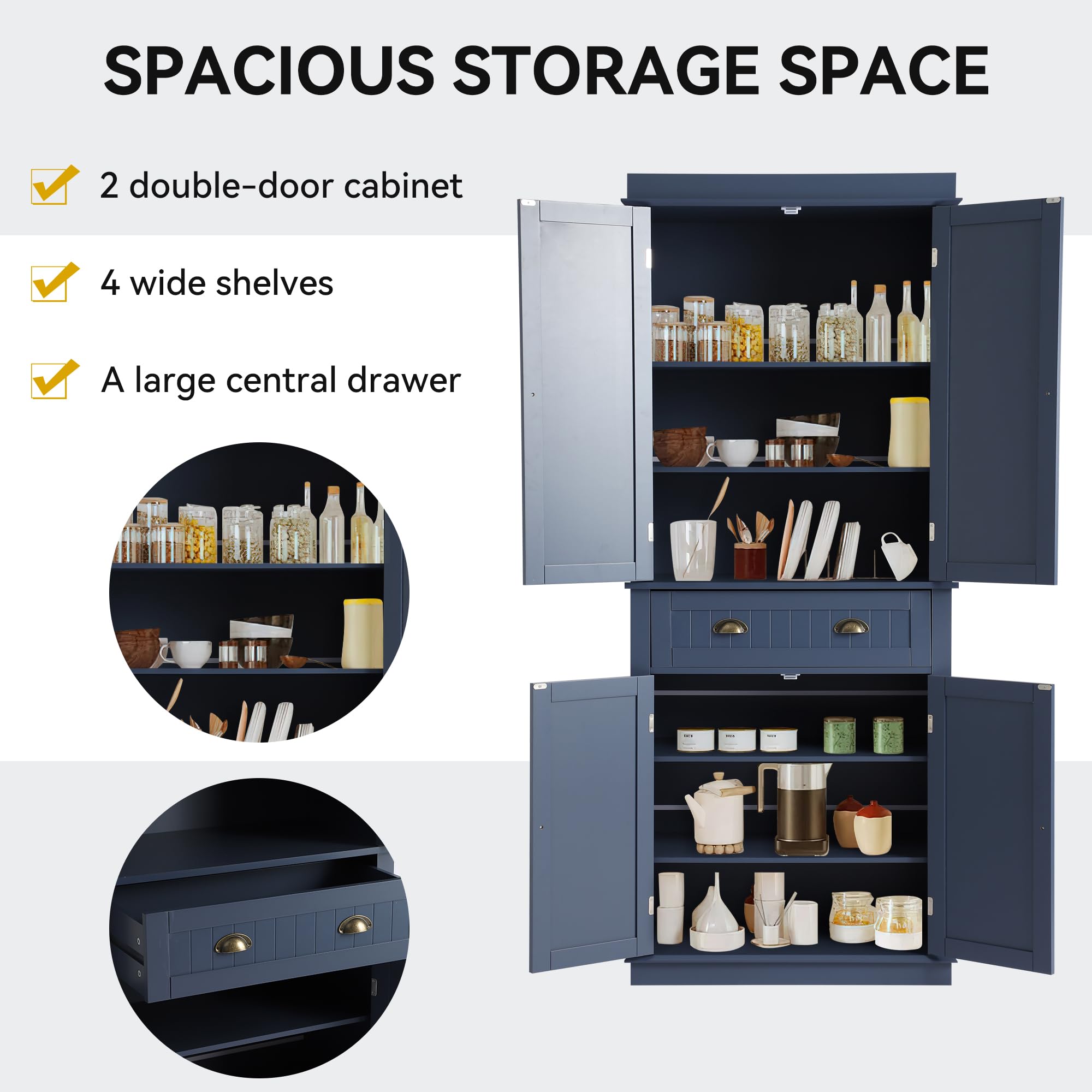 Freestanding Kitchen Pantry Storage Cabinet with 2 Cabinets, Drawer & Adjustable Shelves - Tall Cupboard Organizer for Kitchen, Dining Room & Living Room in Grey Blue - Perfect for Small Space Organization & Home Decor