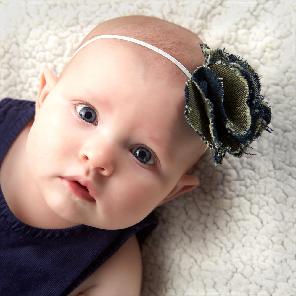 Lello Infant Baby & Toddler Girls Headbands - 2 Pack Denim Frayed Fabric Flower Skinny Elastic Hair Bands for Newborn Toddler Photography, Birthday Party & Daily Outfits