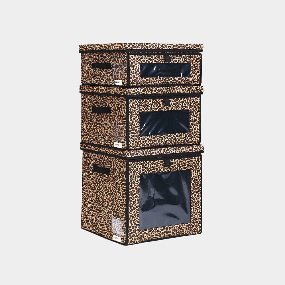 Foldable Clothes Storage Organizer - Dual Access Magnetic Bins with Strong Handle | Premium Fabric Collapsible Closet Box for Under Bed Storage | Perfect for Linen, Bedding, Blankets & Seasonal Clothing (Leopard Print, 3-Pack SML Combo) | Ideal for Small Spaces, Dorm Rooms & Travel Organization