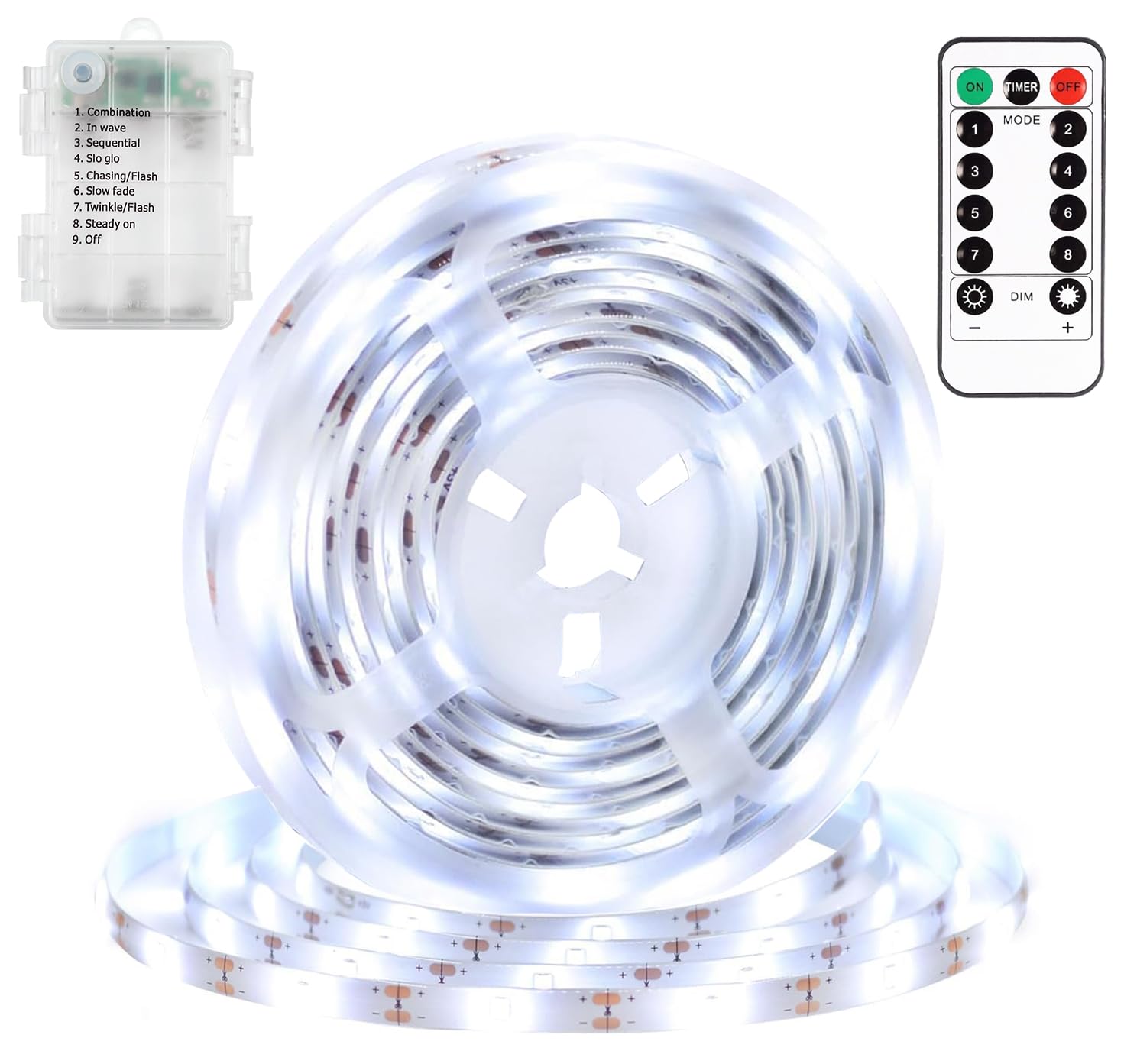 DBFAIRY 6.56ft LED Strip Lights with Remote Timer, Battery Operated Self-Adhesive Light Strips for TV Backlight, Bedroom, Home, Party Decor (White) - Perfect for Ambient Lighting and Festive Atmosphere