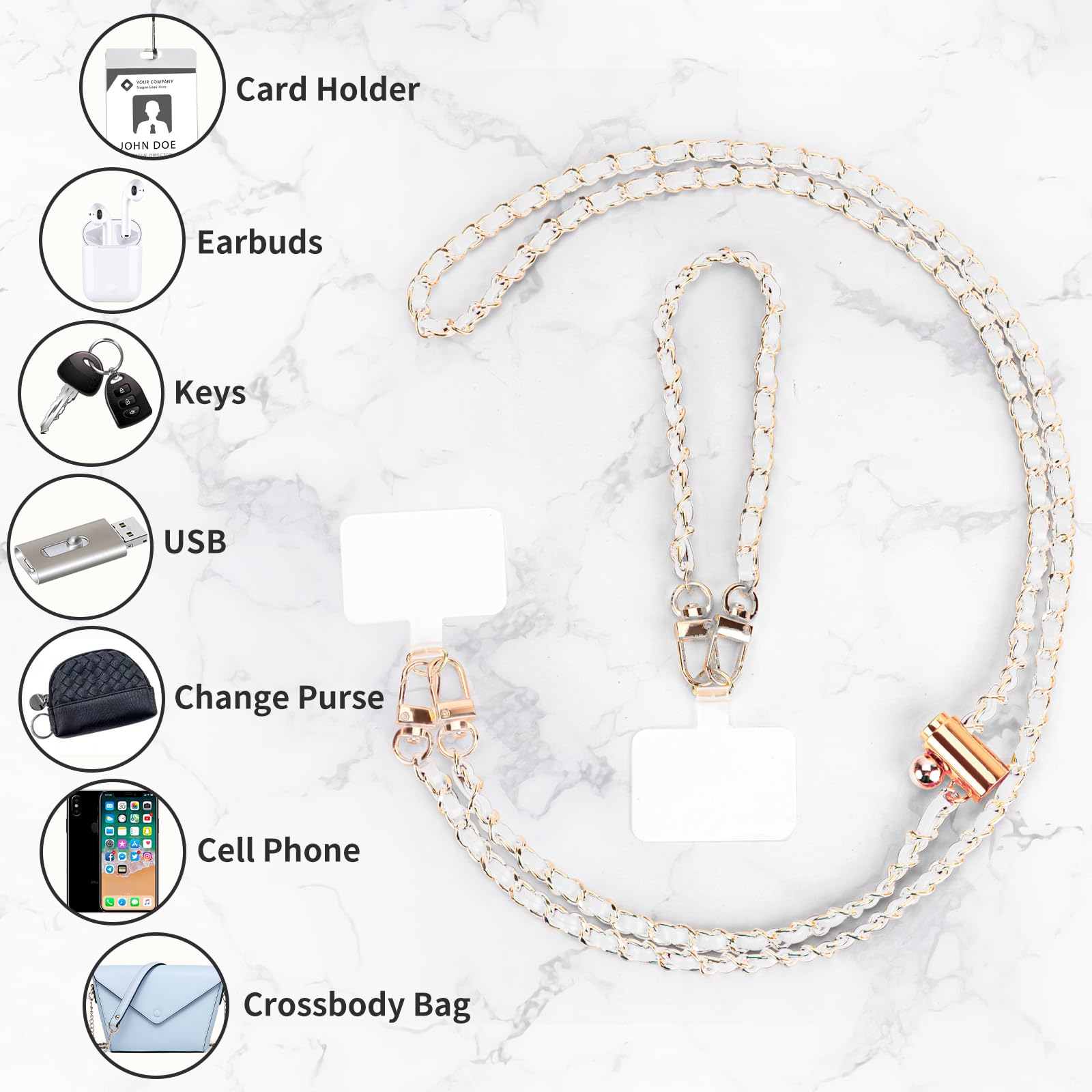Adjustable Phone Lanyard with Wrist Strap - Universal Crossbody Chain for Smartphones - Fashion Accessory for Women & Girls (White) - Perfect for Work & Travel